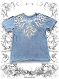 Affliction 2000s blue Graphic Tee with Tribal Skeleton Print and Edgy Grunge Streetwear Style