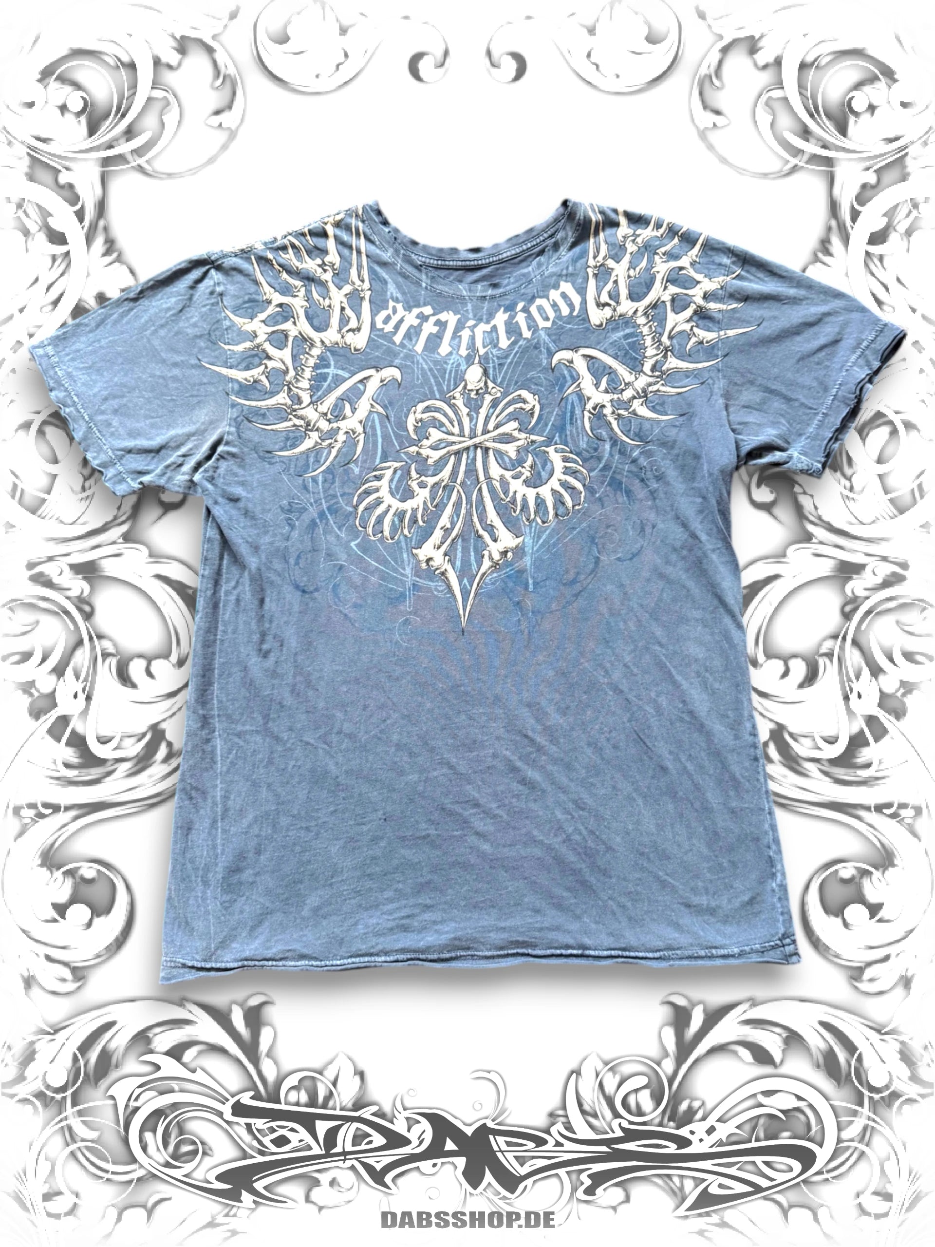 Affliction 2000s blue Graphic Tee with Tribal Skeleton Print and Edgy Grunge Streetwear Style