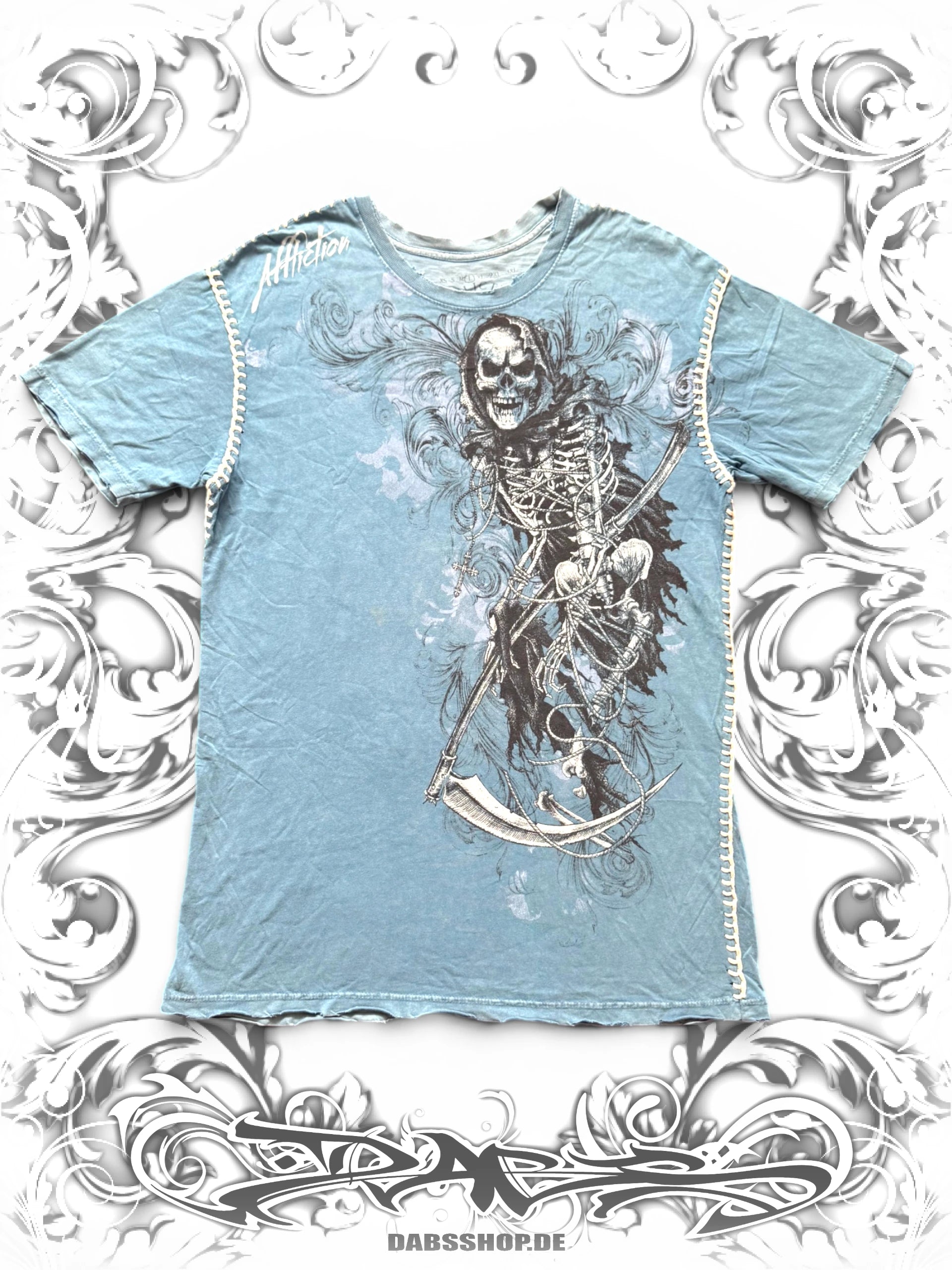 Blue Affliction Grim Reaper graphic t-shirt with embellished design inspired by 2000s MMA and vintage streetwear fashion