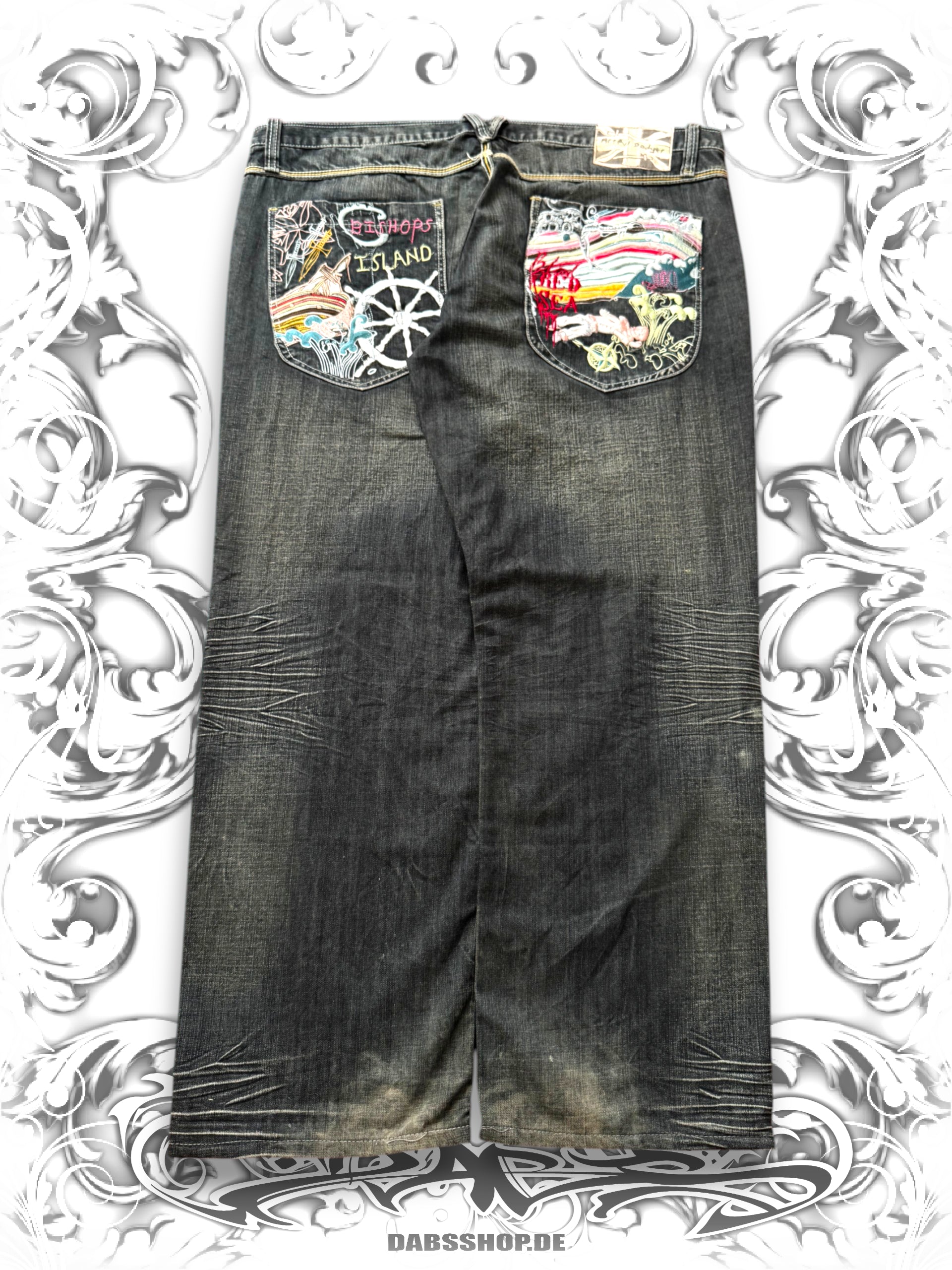 baggy pants with Bishops Island Embroidery on backpockets and faded washing in y2k style