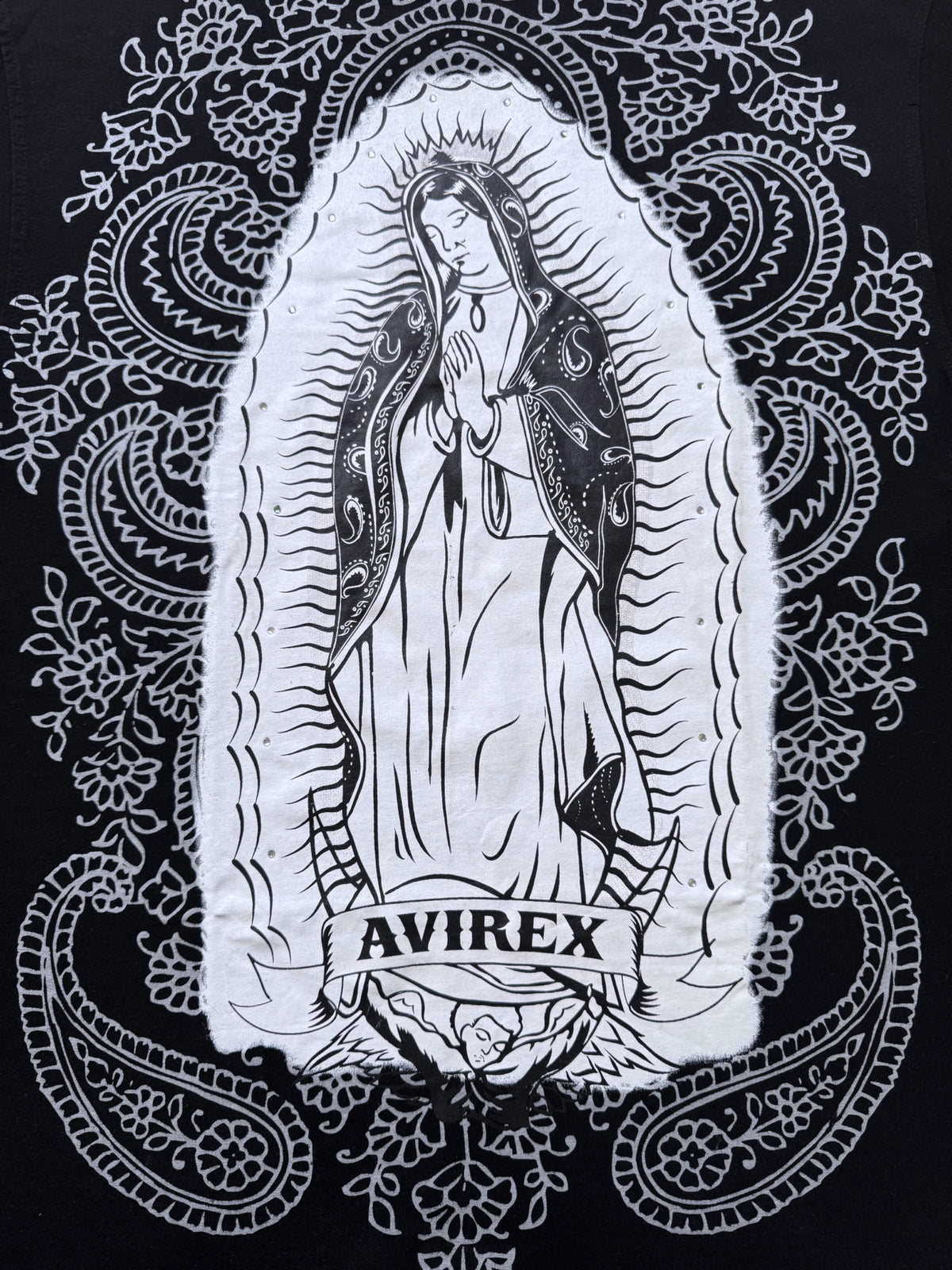 Black and white praying mary graphic print on paisly background Avirex T-shirt
