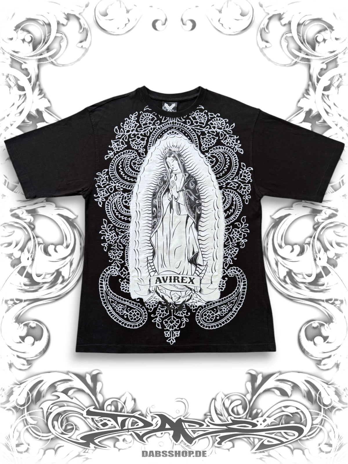 This black avirex t-shirt with the iconic virgin mary praying print was worn by Jesse Pinkman in Breaking Bad S2E12 "Phoenix"