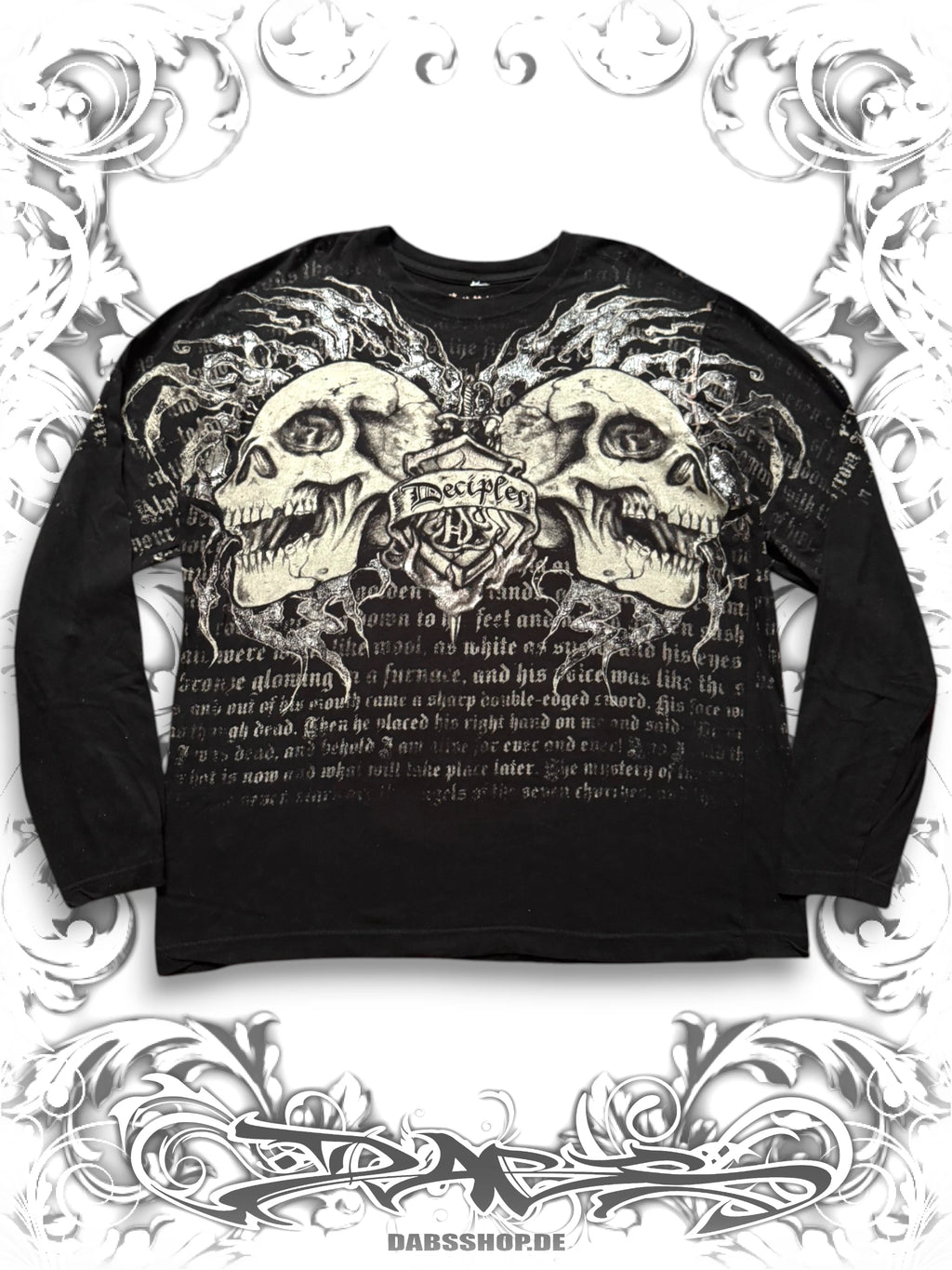 Black Crank Couture longsleeve with metallic silver skull graphic print in a Y2K MMA-inspired grunge style.