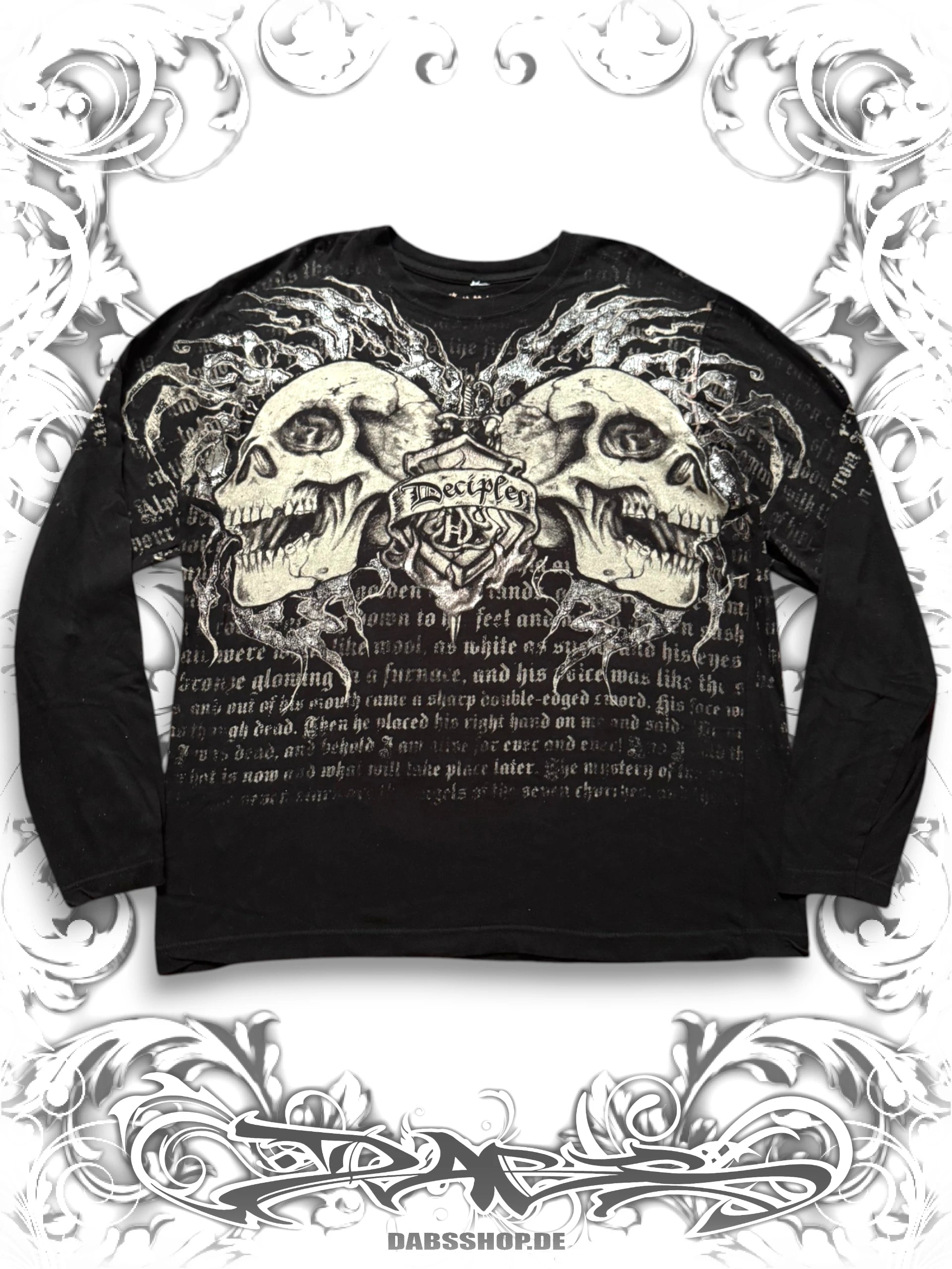 Black Crank Couture longsleeve with metallic silver skull graphic print in a Y2K MMA-inspired grunge style.