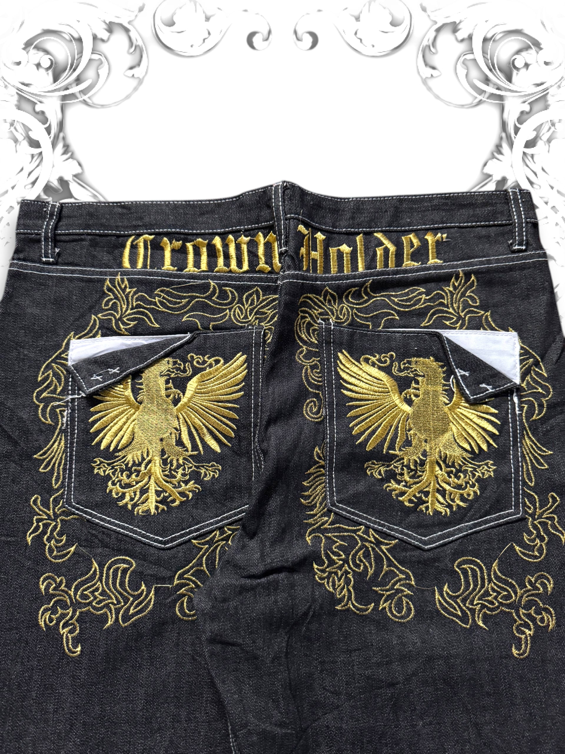 Backpocket embroidery closeup with golden embellishments