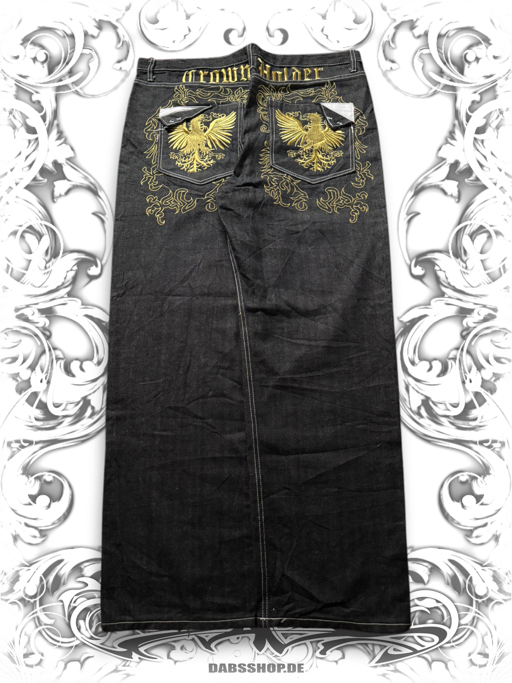 Dark Washed Crown Holder denim with royal golden eagles embroidered on backpockets in y2k heraldic style
