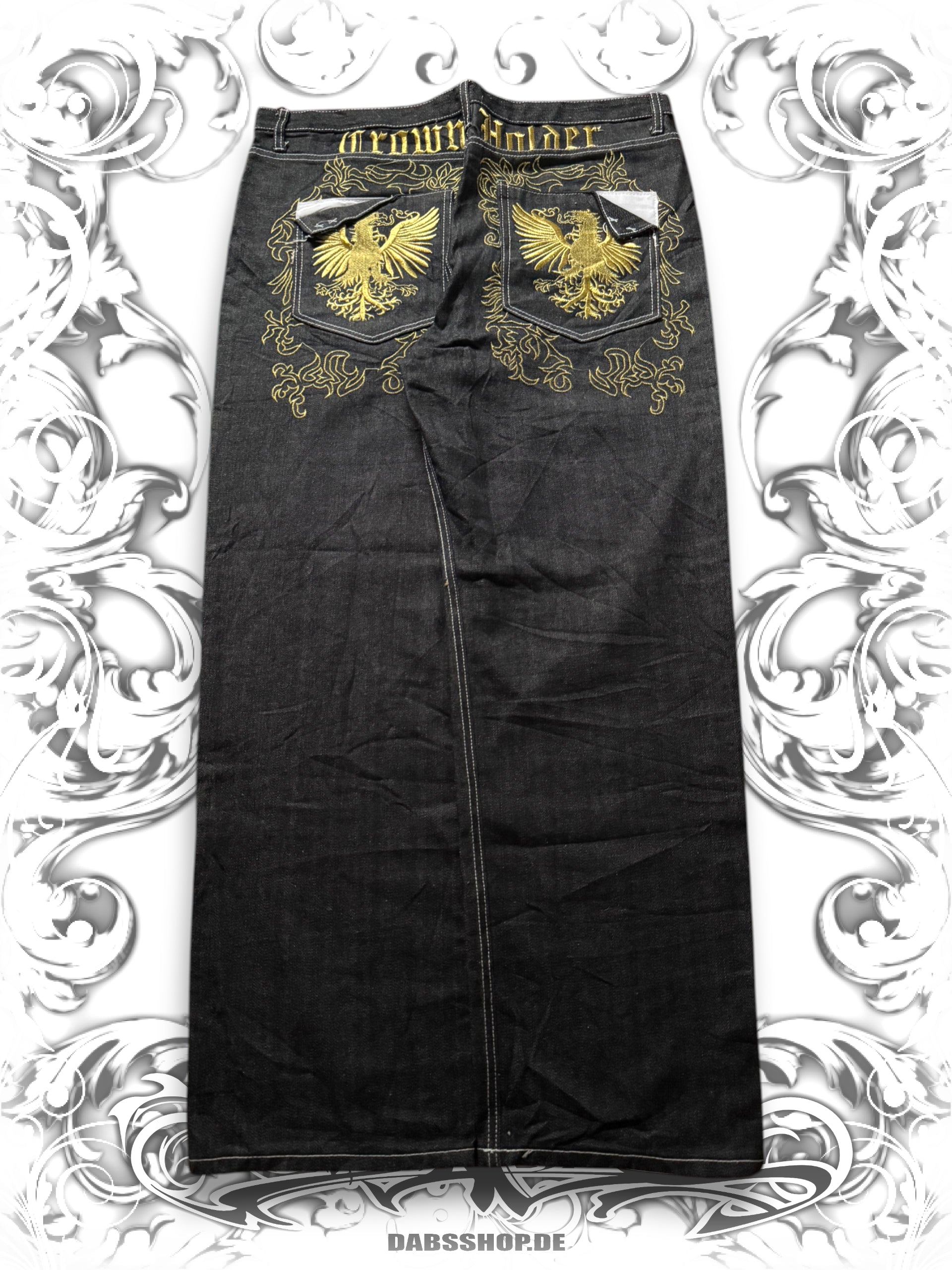 Dark Washed Crown Holder denim with royal golden eagles embroidered on backpockets in y2k heraldic style