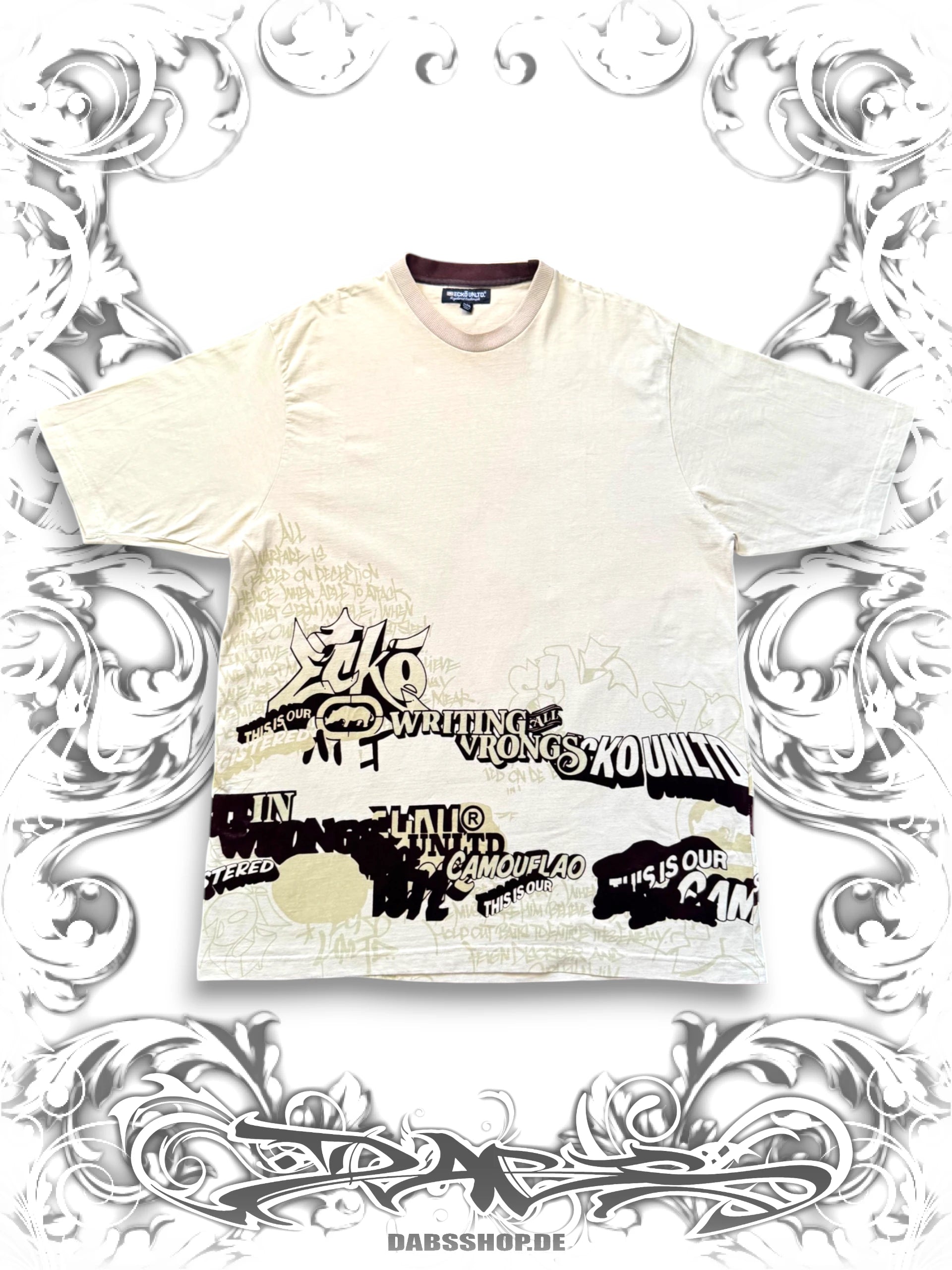 Ecko Unltd. "Writing All Wrongs" Beige Graffiti T-Shirt with brown 3d velvet print