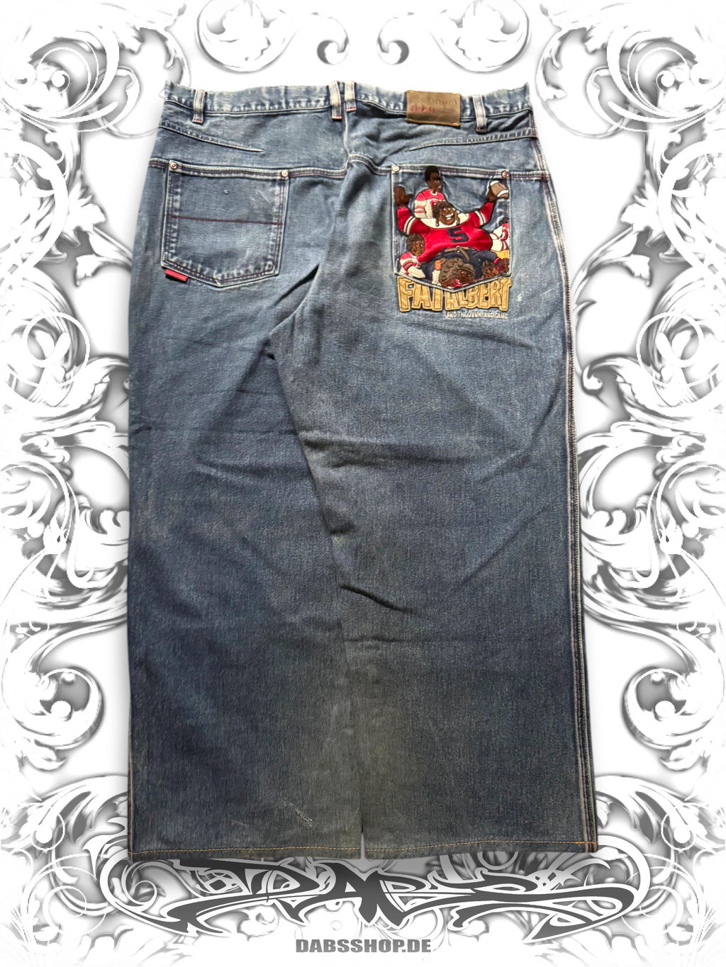 Baggy Pants with fat albert & the junkyard gang cartoon embroidery from the 2000s hip hop era
