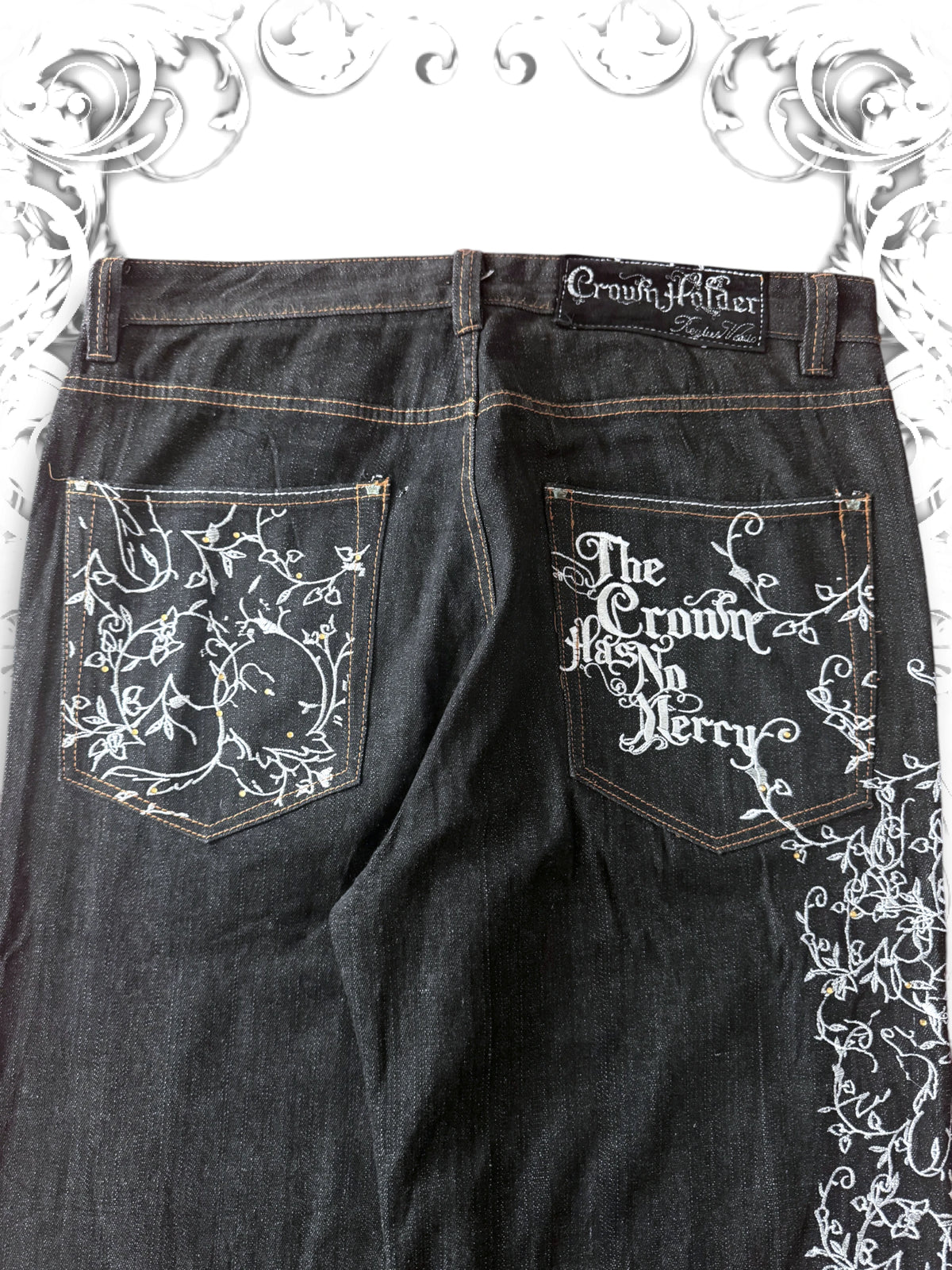 Crown Holder Embroidered Silver Vines Baggy Jeans