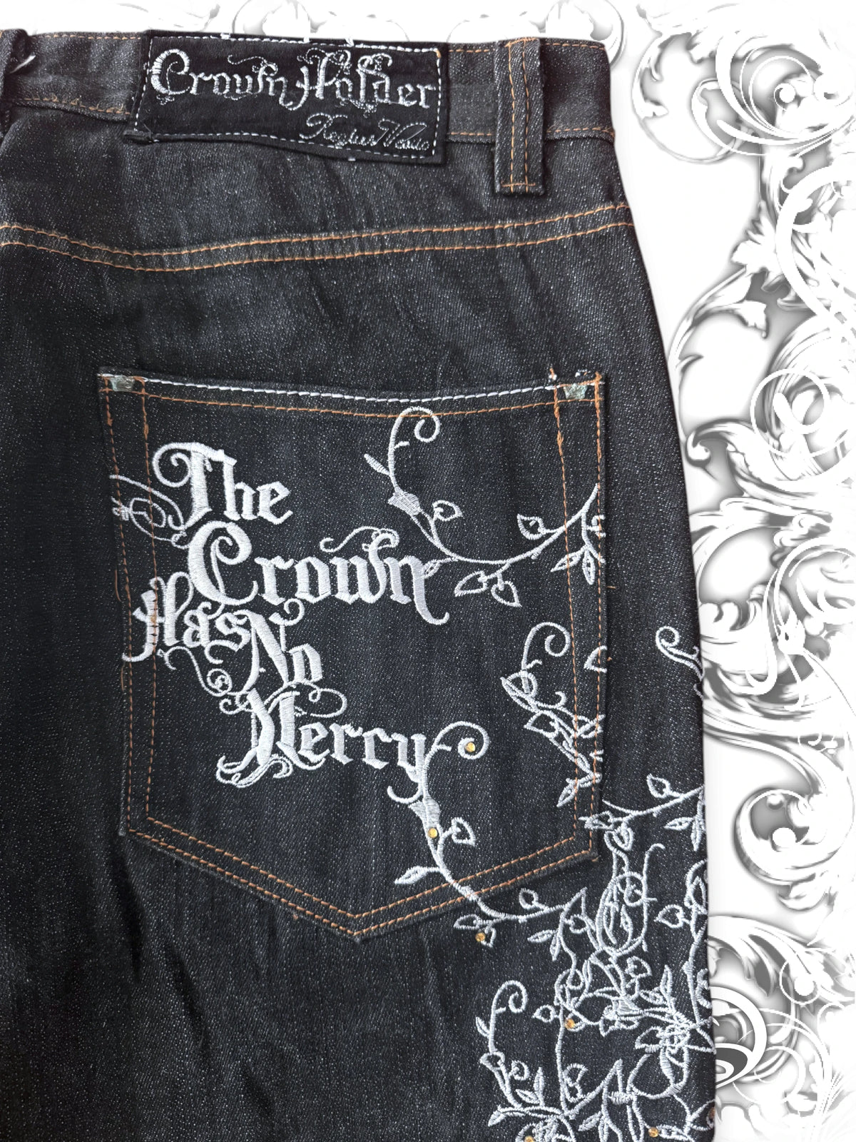 Crown Holder Embroidered Silver Vines Baggy Jeans