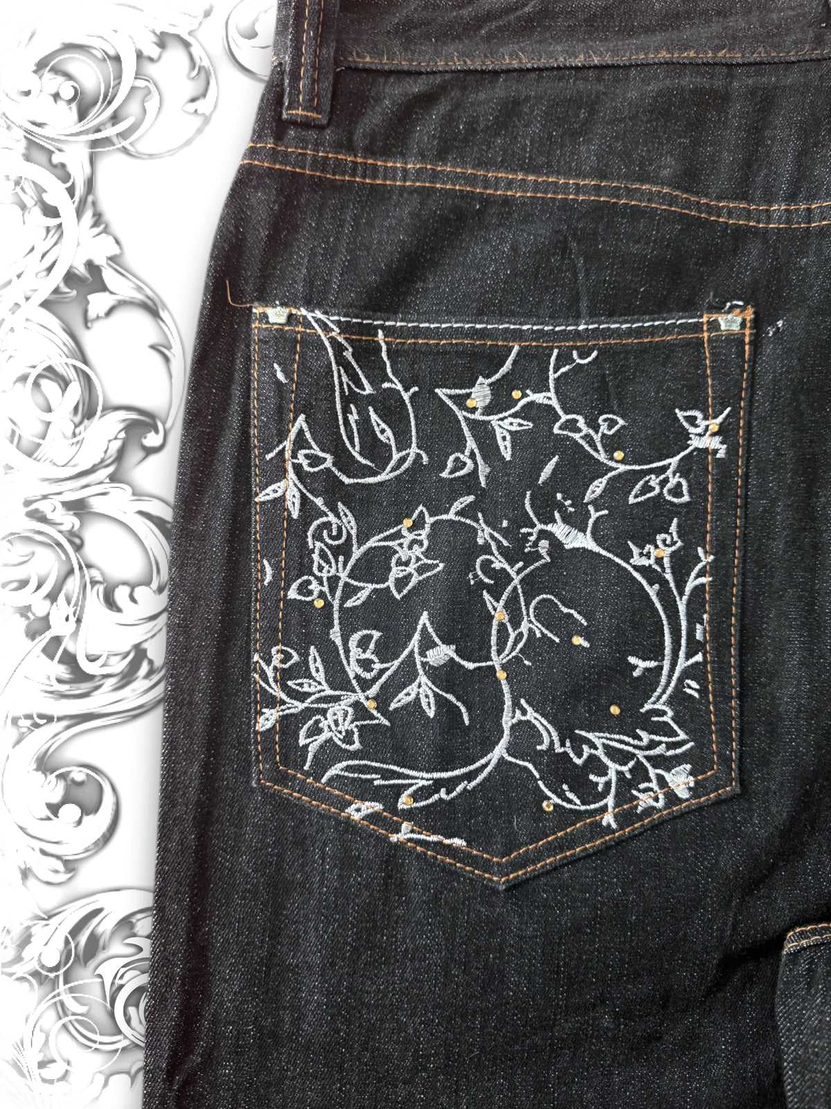 Crown Holder Embroidered Silver Vines Baggy Jeans