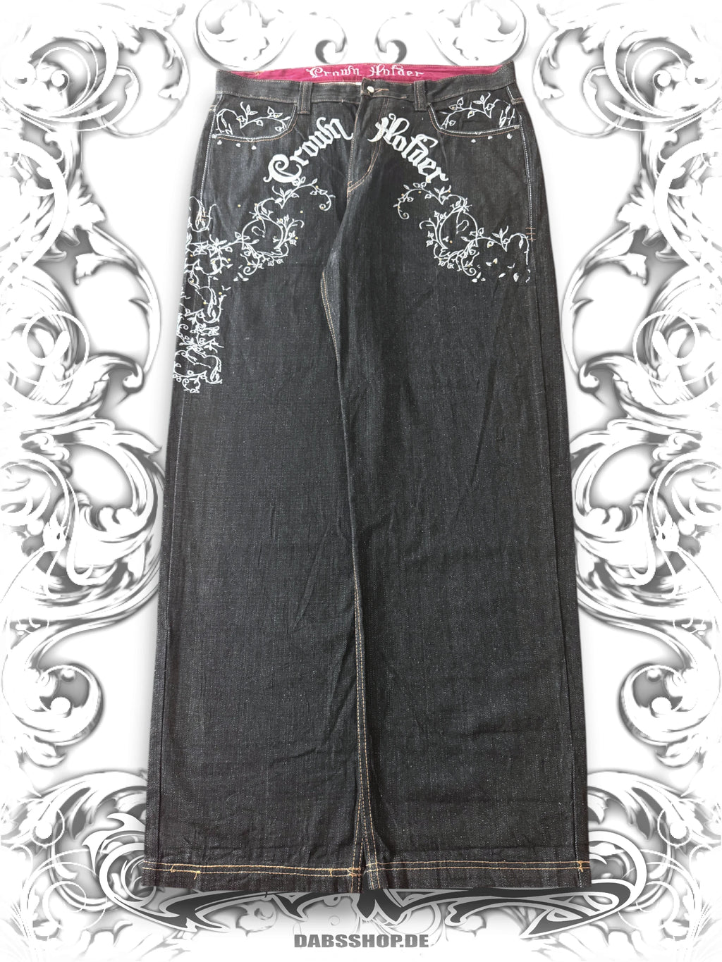 Crown Holder Embroidered Silver Vines Baggy Jeans