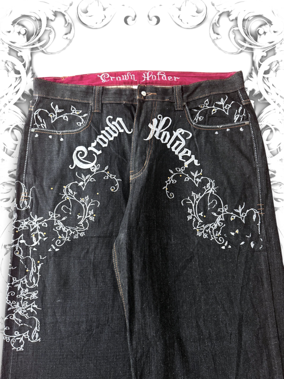 Crown Holder Embroidered Silver Vines Baggy Jeans