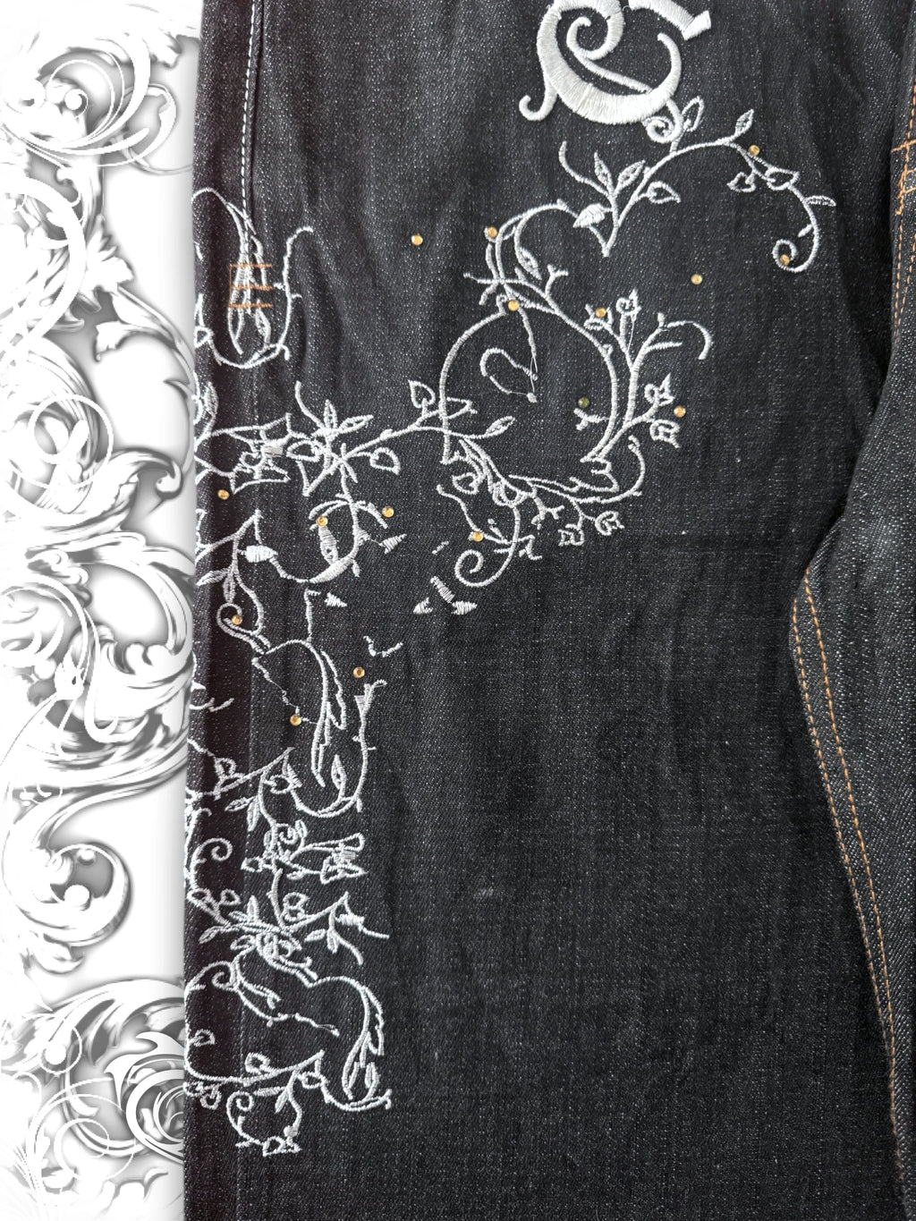 Crown Holder Embroidered Silver Vines Baggy Jeans
