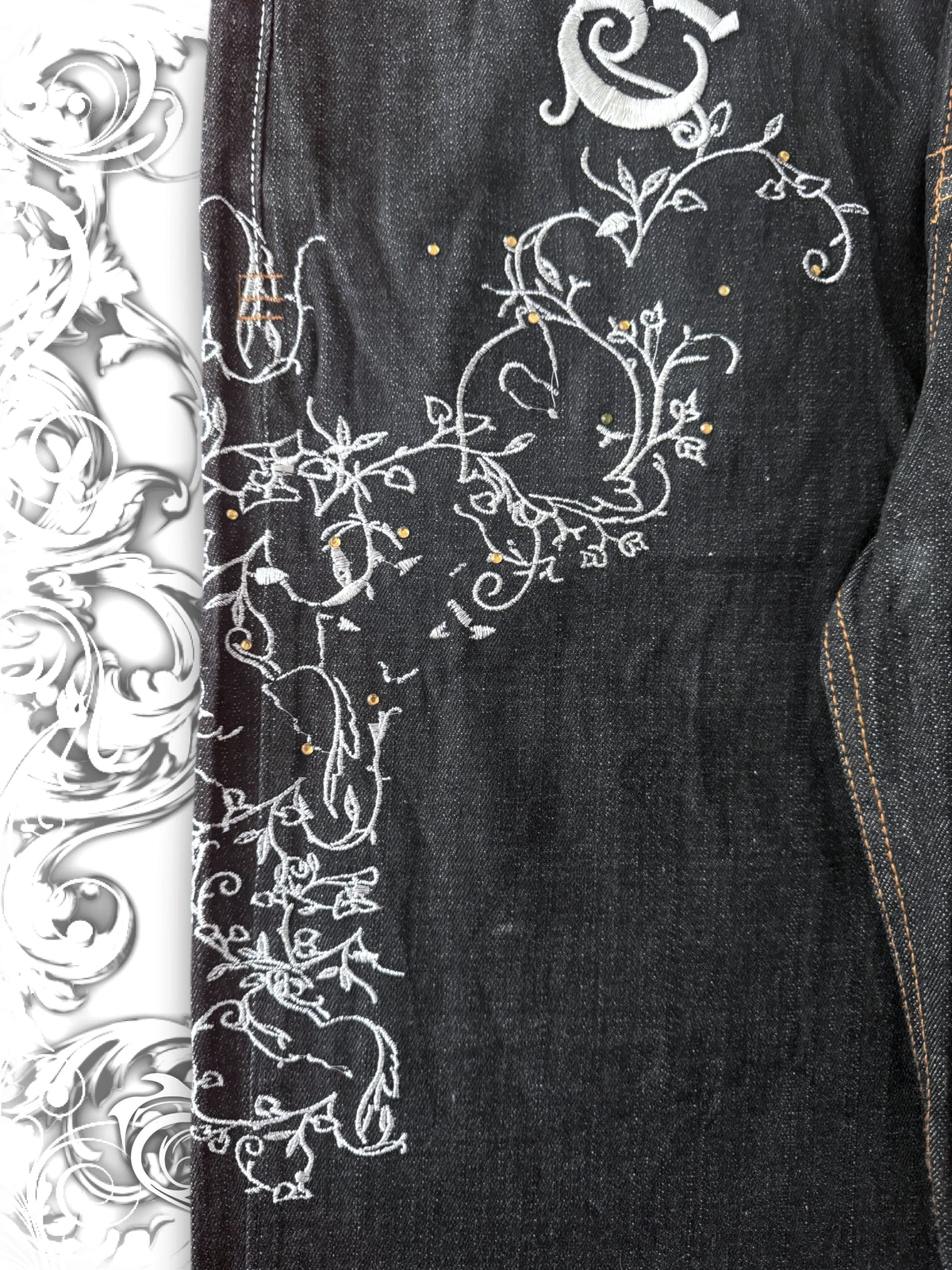 Crown Holder Embroidered Silver Vines Baggy Jeans