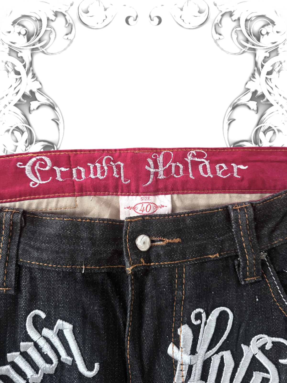 Crown Holder Embroidered Silver Vines Baggy Jeans