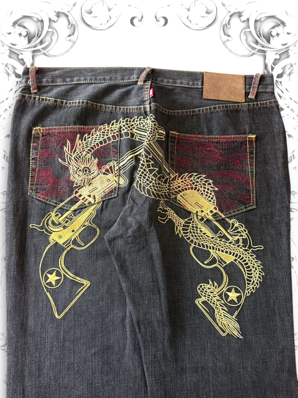 Red Monkey Company Embroidered Guns Flared Baggy Jeans