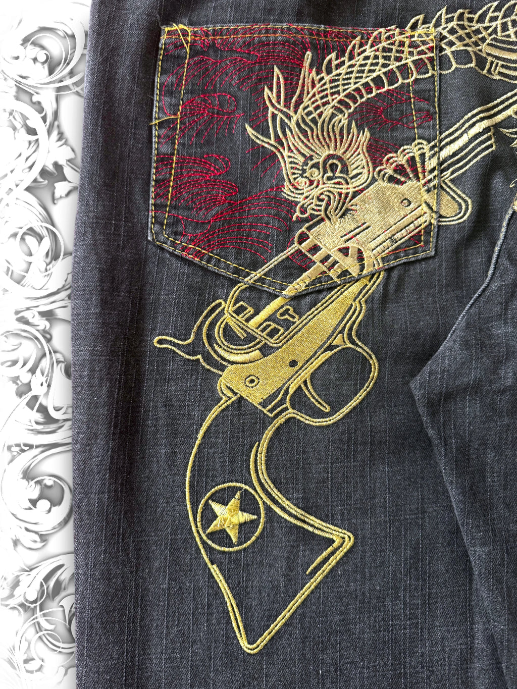 Red Monkey Company Embroidered Guns Flared Baggy Jeans