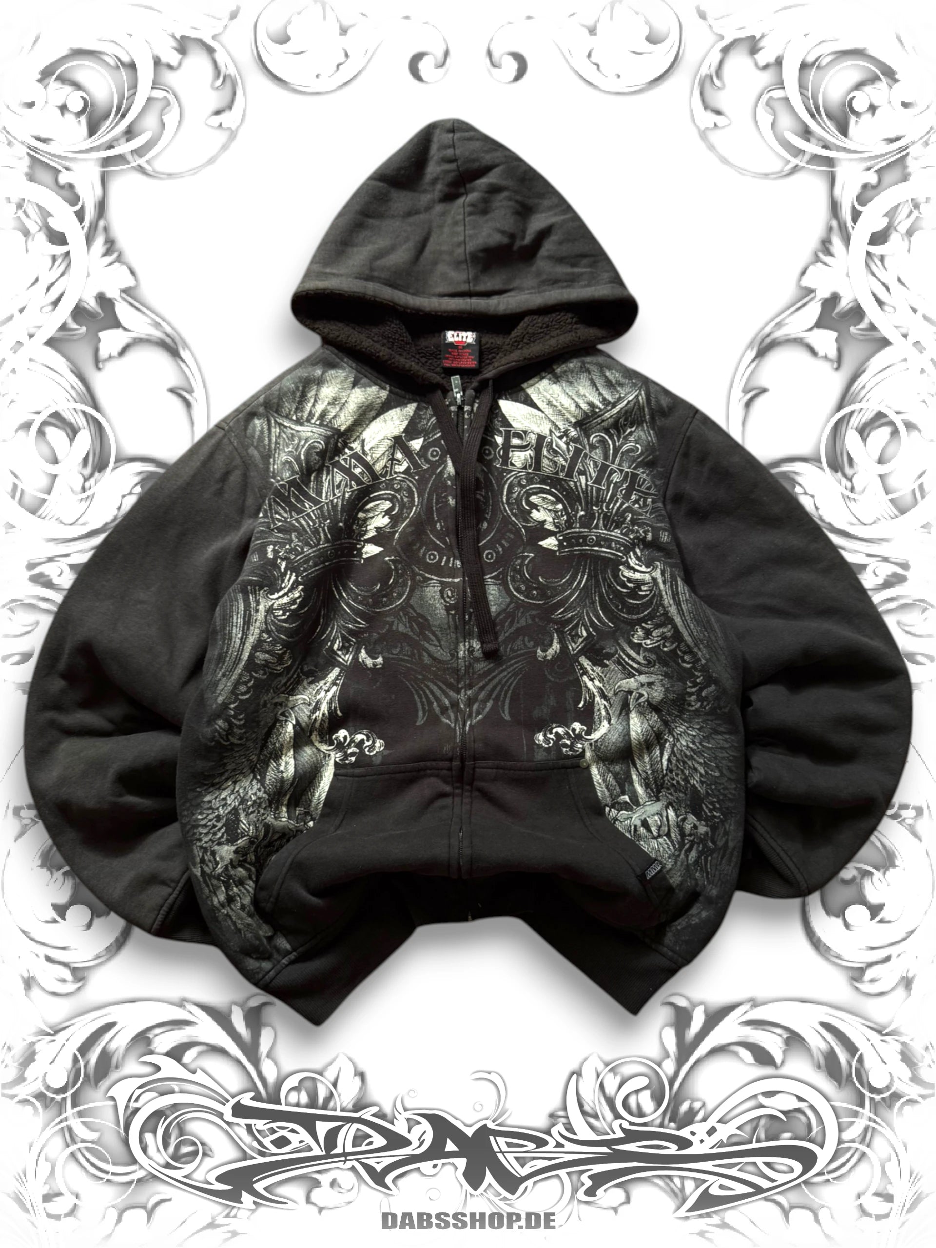 Oversized MMA Elite zip hoodie with a large skull graphic in a vintage grunge-inspired design, front view