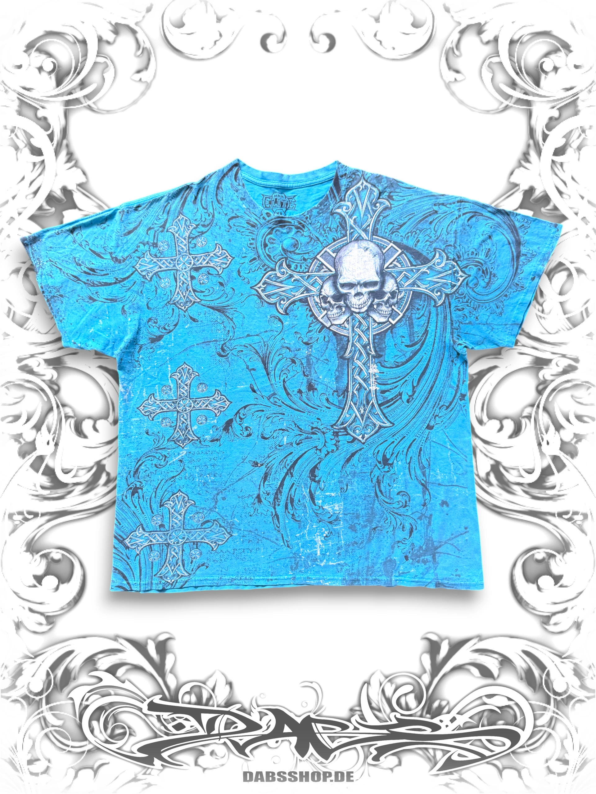 MMA Elite 2000s blue T-shirt with triple skull graphic and alternative Y2K style