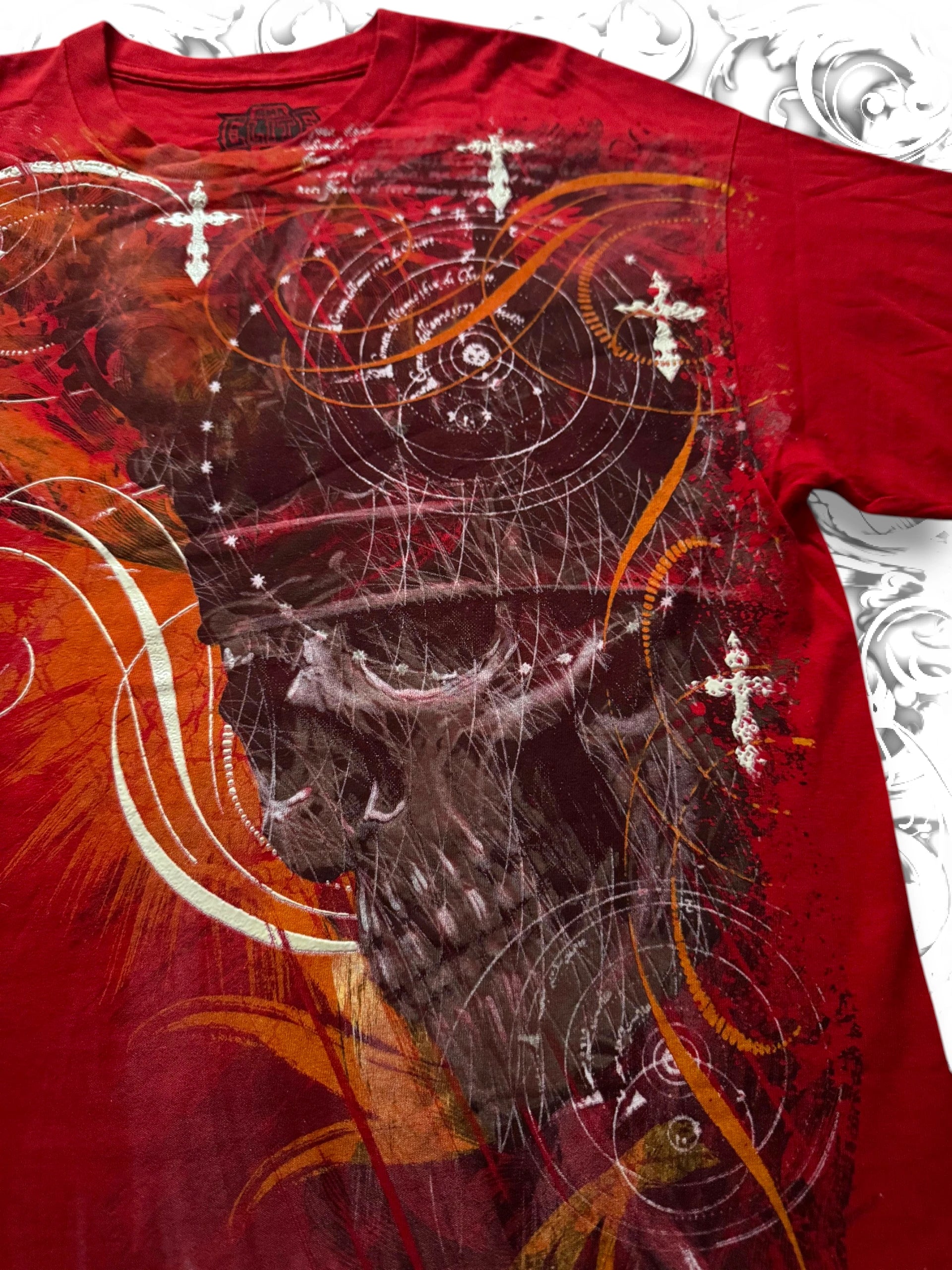 MMA Elite Crowned Skull Graphic Printed Tee with embellished grunge crosses