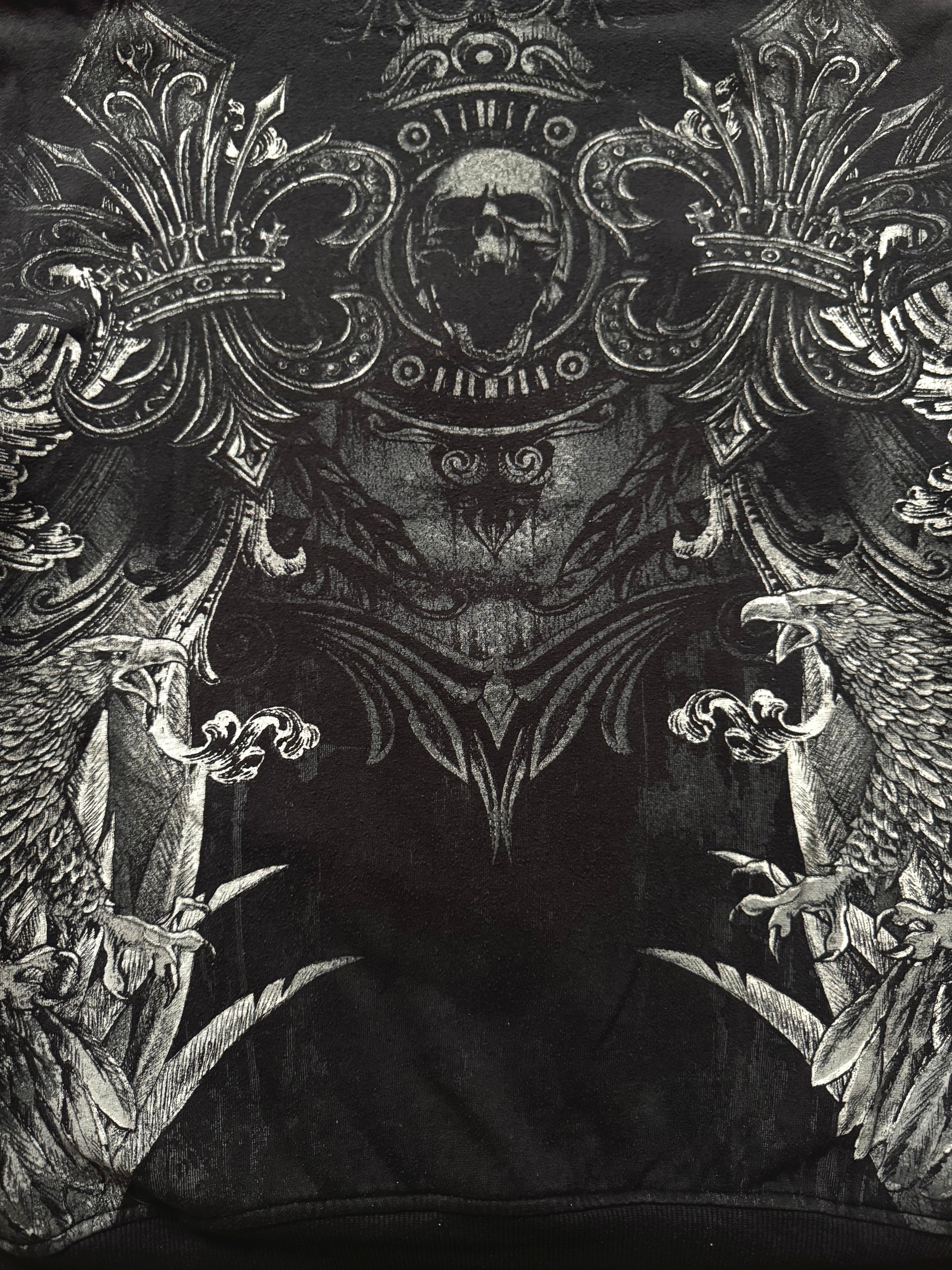 Oversized MMA Elite zip hoodie with a large skull graphic in a vintage Y2K grunge-inspired design, close-up