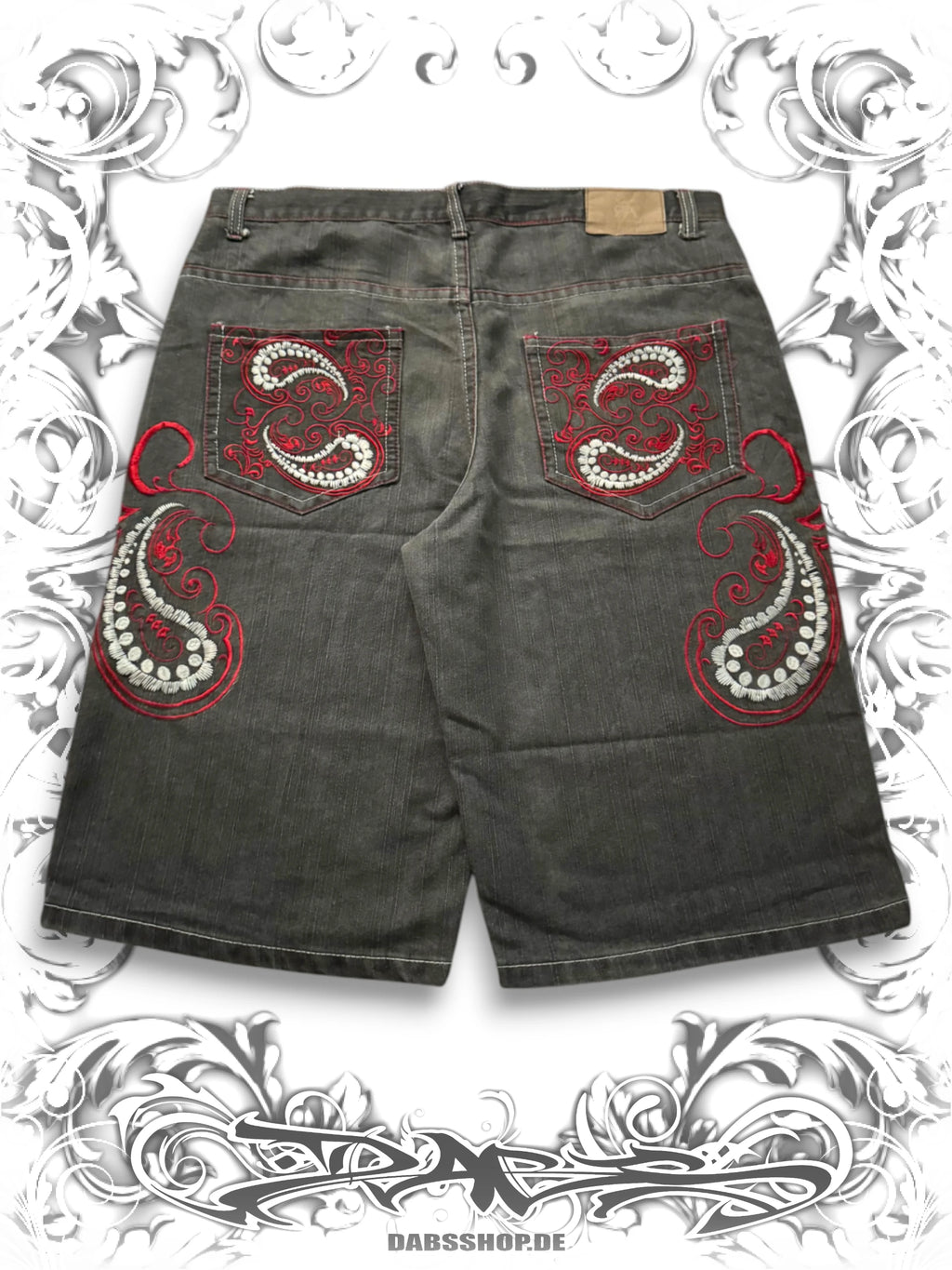 Red Vintage 2000s Baggy Denim Shorts with Paisley Embroidery and Streetwear Style