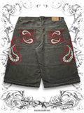 Red Vintage 2000s Baggy Denim Shorts with Paisley Embroidery and Streetwear Style