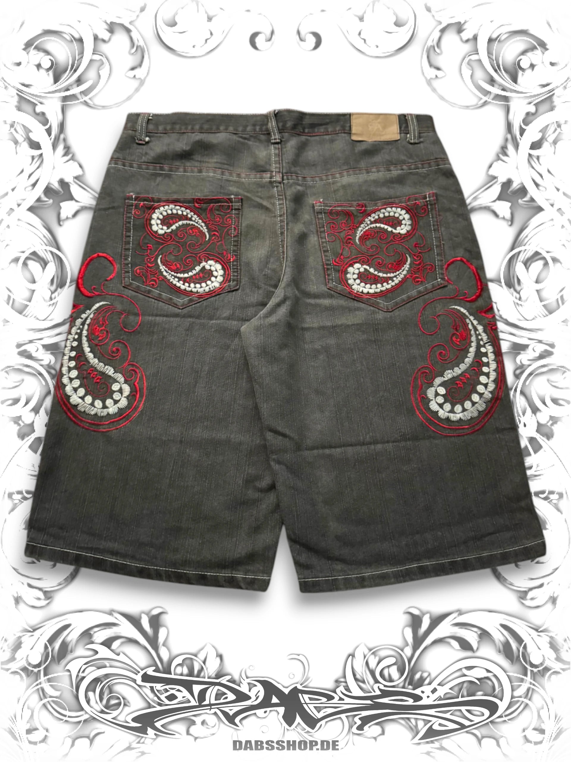 Red Vintage 2000s Baggy Denim Shorts with Paisley Embroidery and Streetwear Style