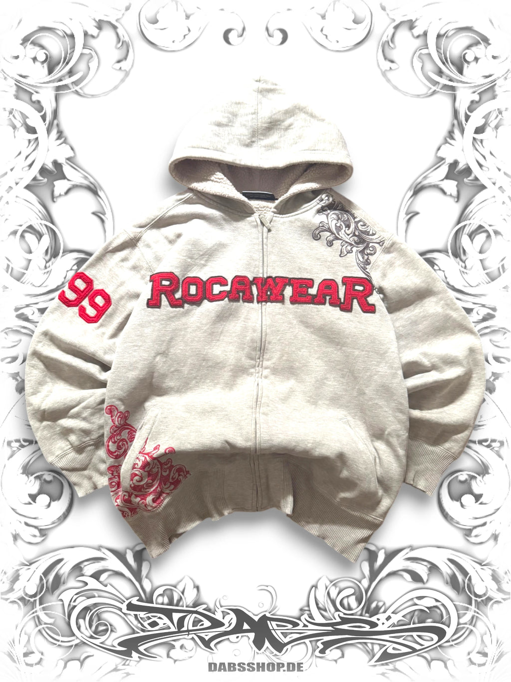 Oversized Rocawear zip hoodie with graphic print and embroidered details in a vintage Y2K hip-hop style.