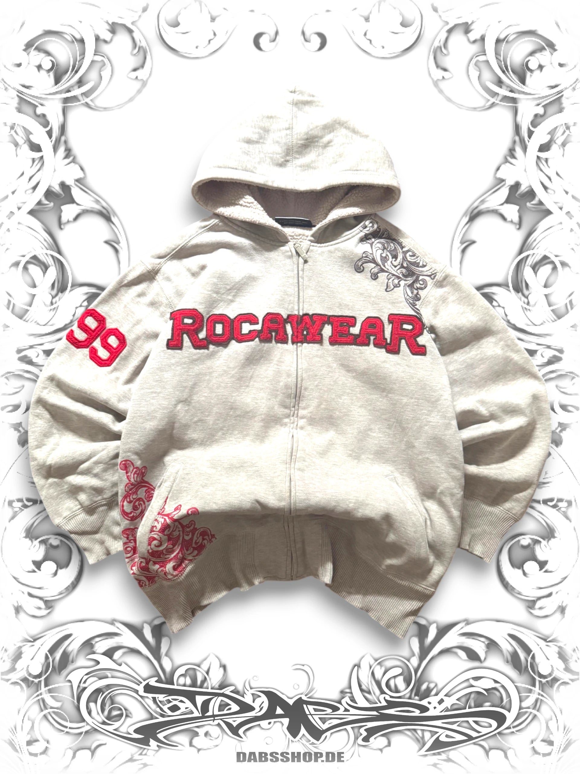 Oversized Rocawear zip hoodie with graphic print and embroidered details in a vintage Y2K hip-hop style.