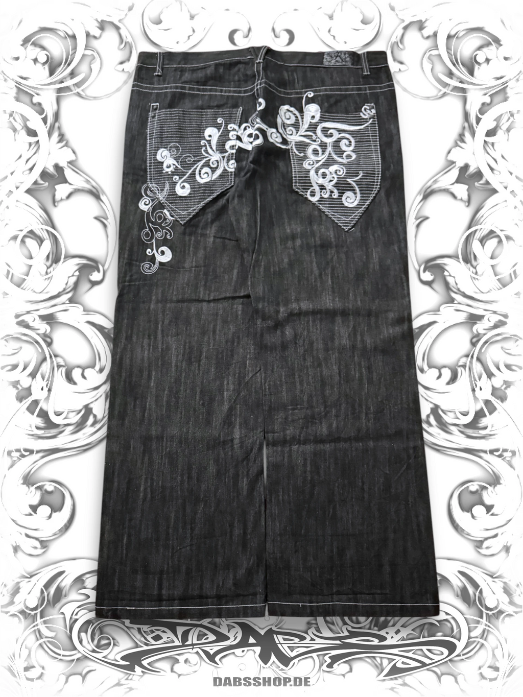 Russo 2000s black baggy pants with embroidered details and a relaxed hip hop streetwear fit