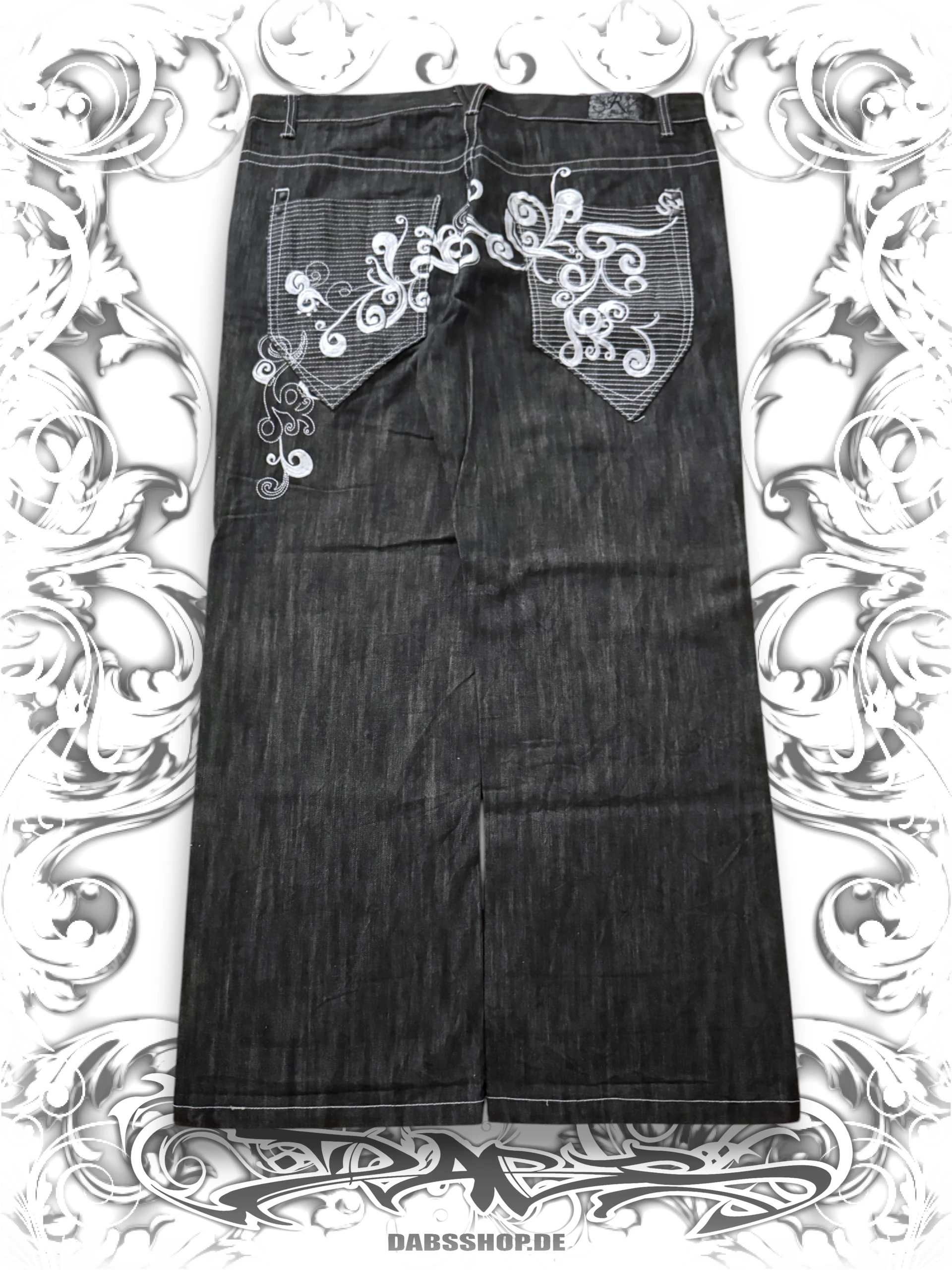 Russo 2000s black baggy pants with embroidered details and a relaxed hip hop streetwear fit