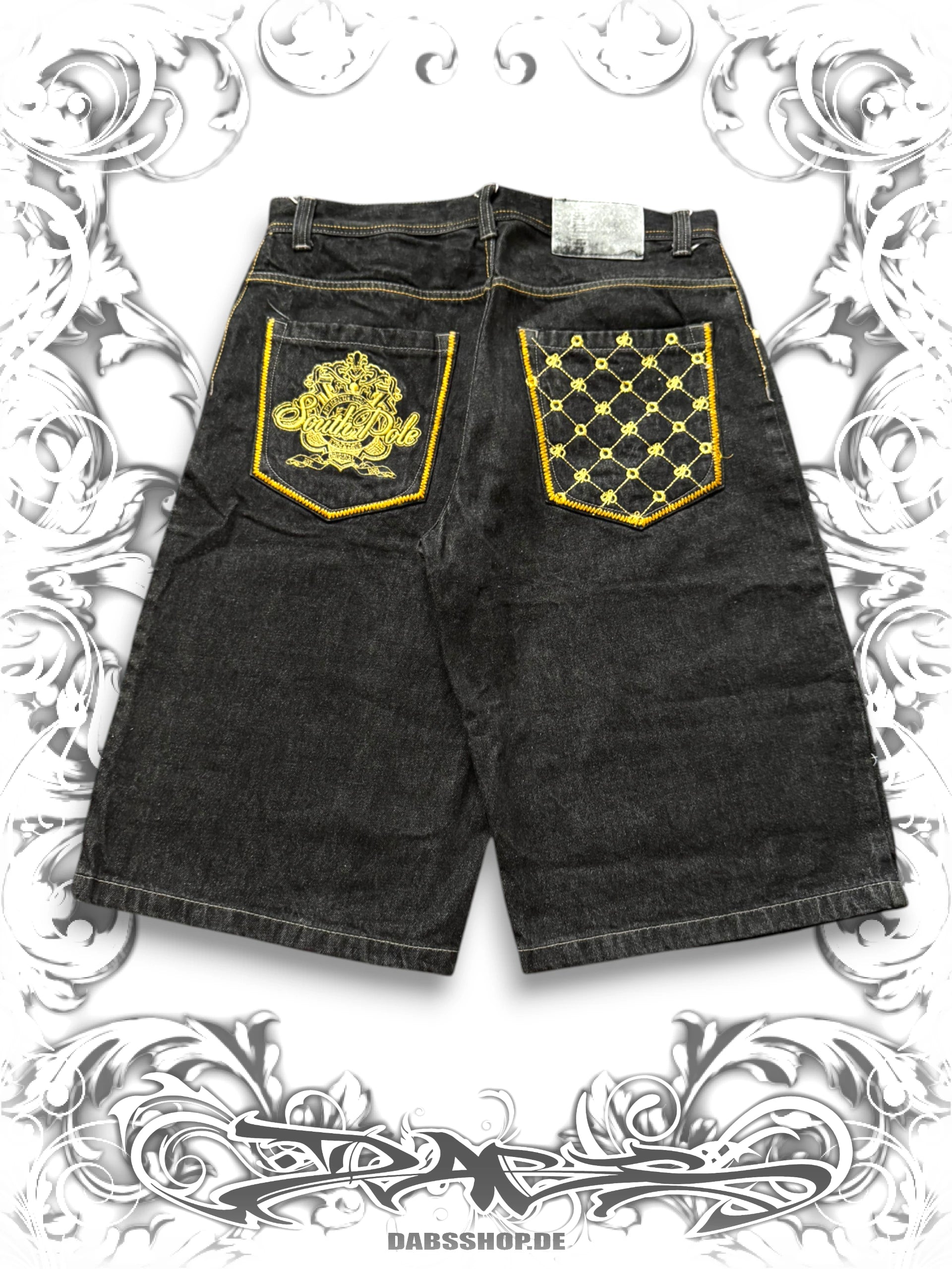 darkwash Southpole baggy denim jorts with silver tab detailing and subtle golden embroidery in streetwear style.