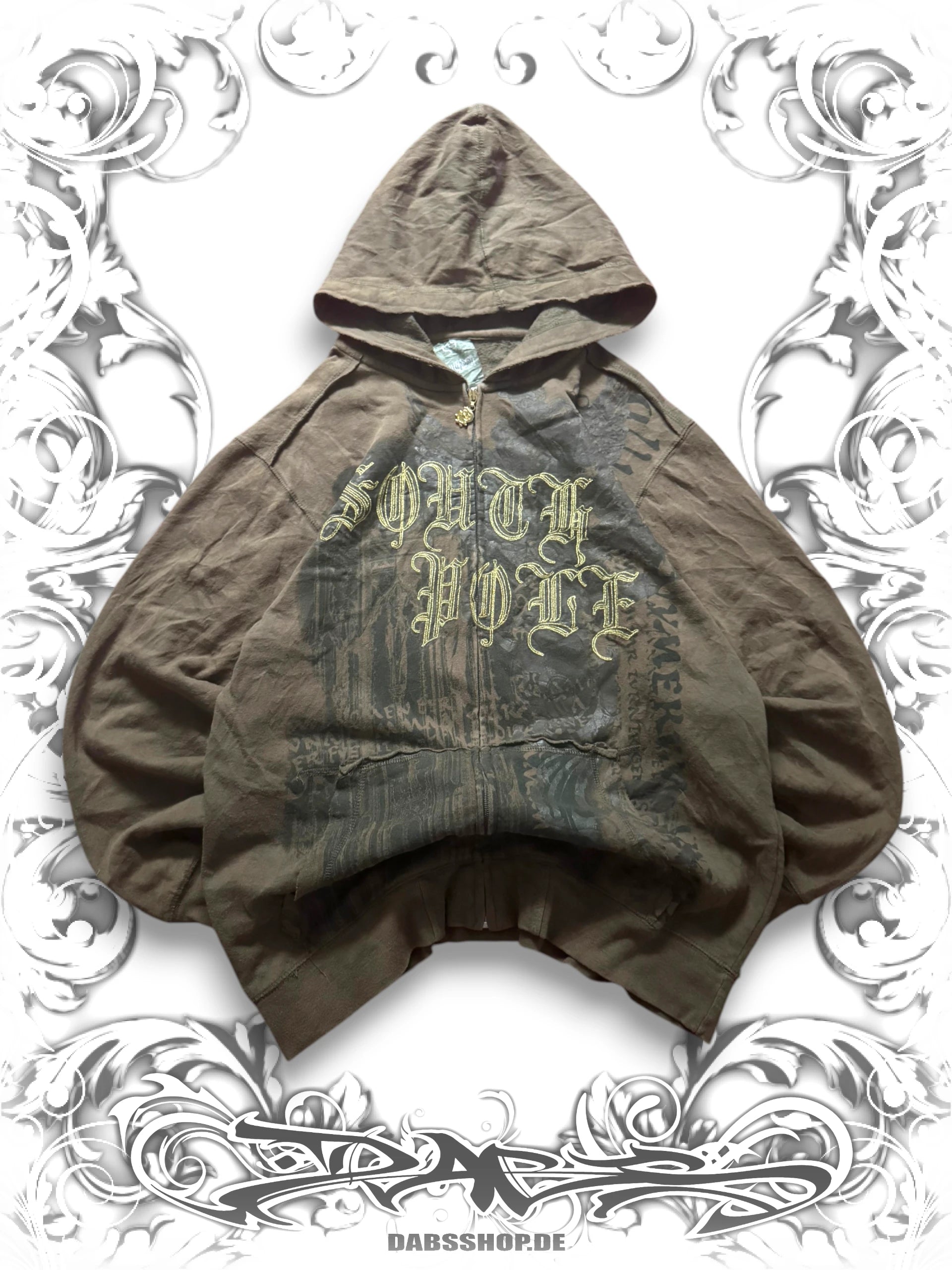 Southpole zip hoodie with bold graphic print and golden embroidered details in a vintage Y2K streetwear style.