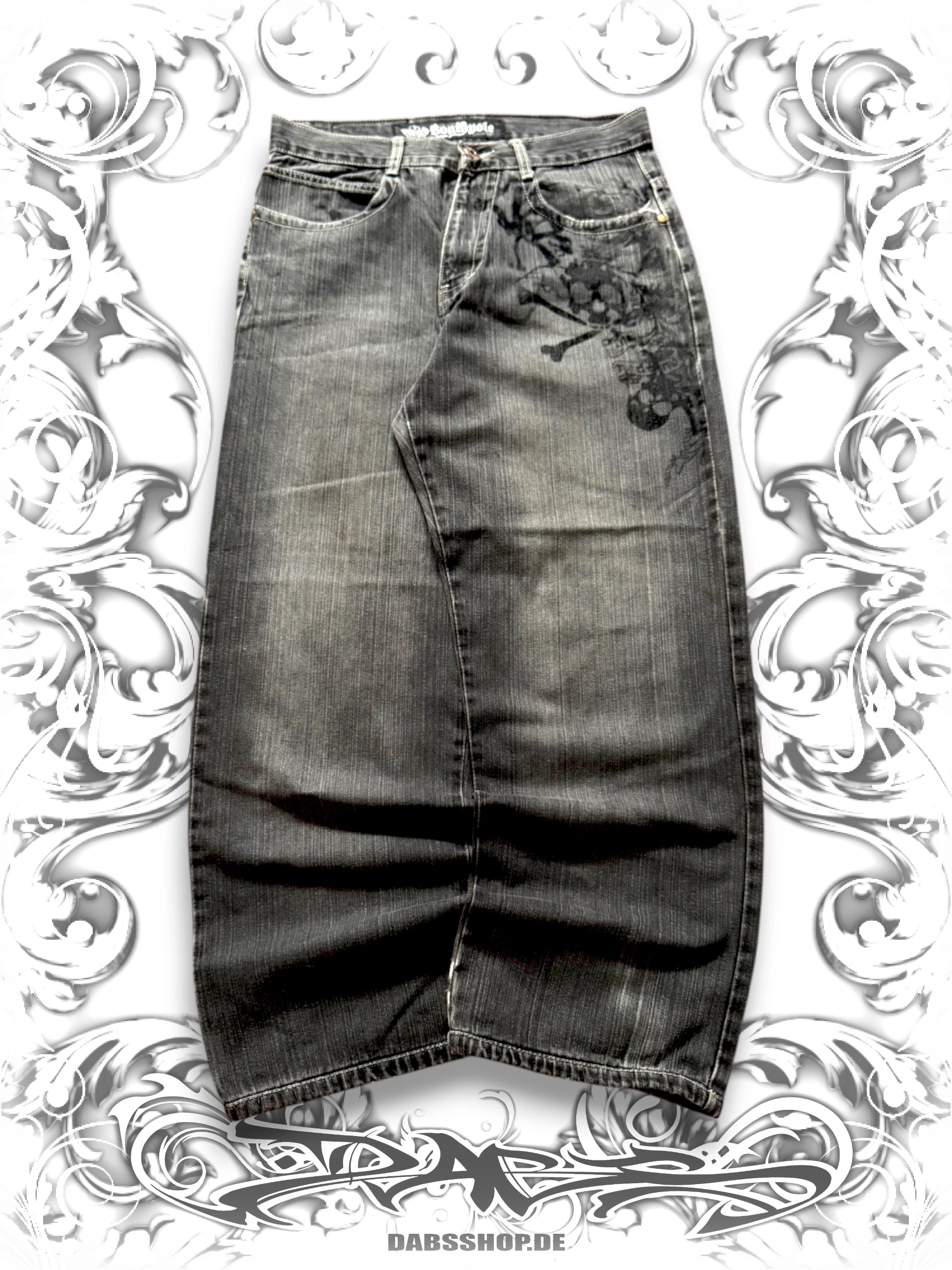 Dark wash Southpole wide-leg jeans with Skullpile Crossbone graphic and faded Y2K streetwear styling, front view