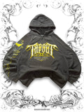 Oversized grey Tapout "Simply Believe" zip hoodie with bold graphic print and embroidered details in a Y2K streetwear style.
