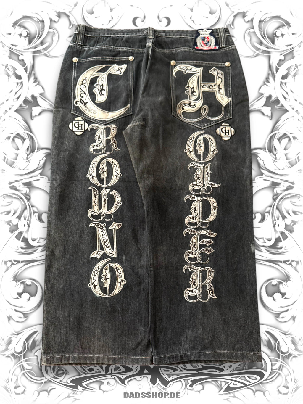 Crown Holder Embroidered Writing Baggy Denim, back view