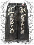Crown Holder Embroidered Writing Baggy Denim, back view