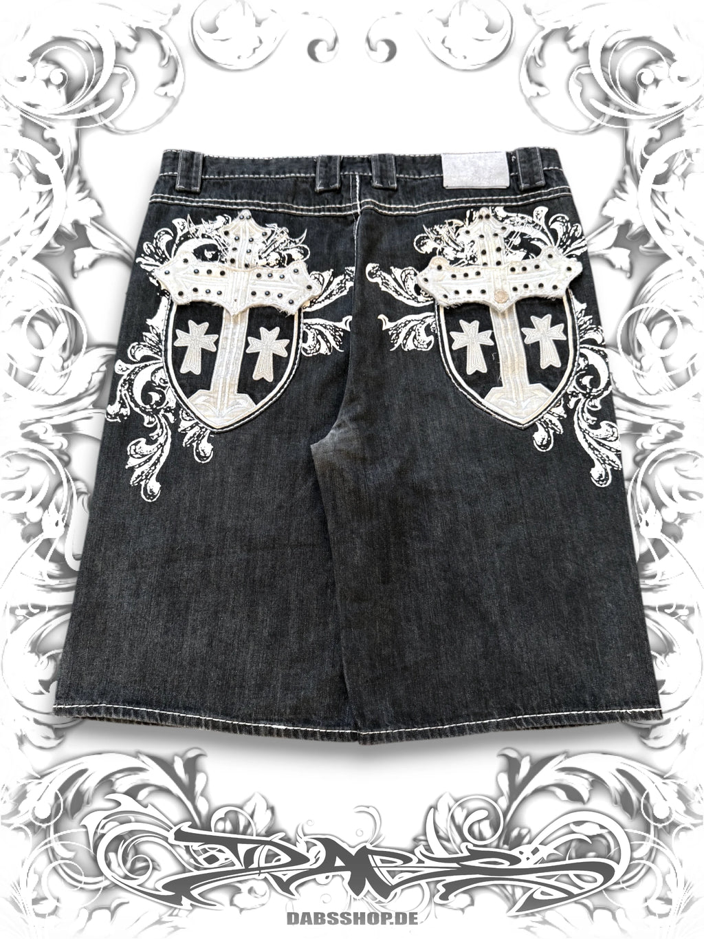 Imperious Embellished Grunge Cross Jorts with Rhinestones