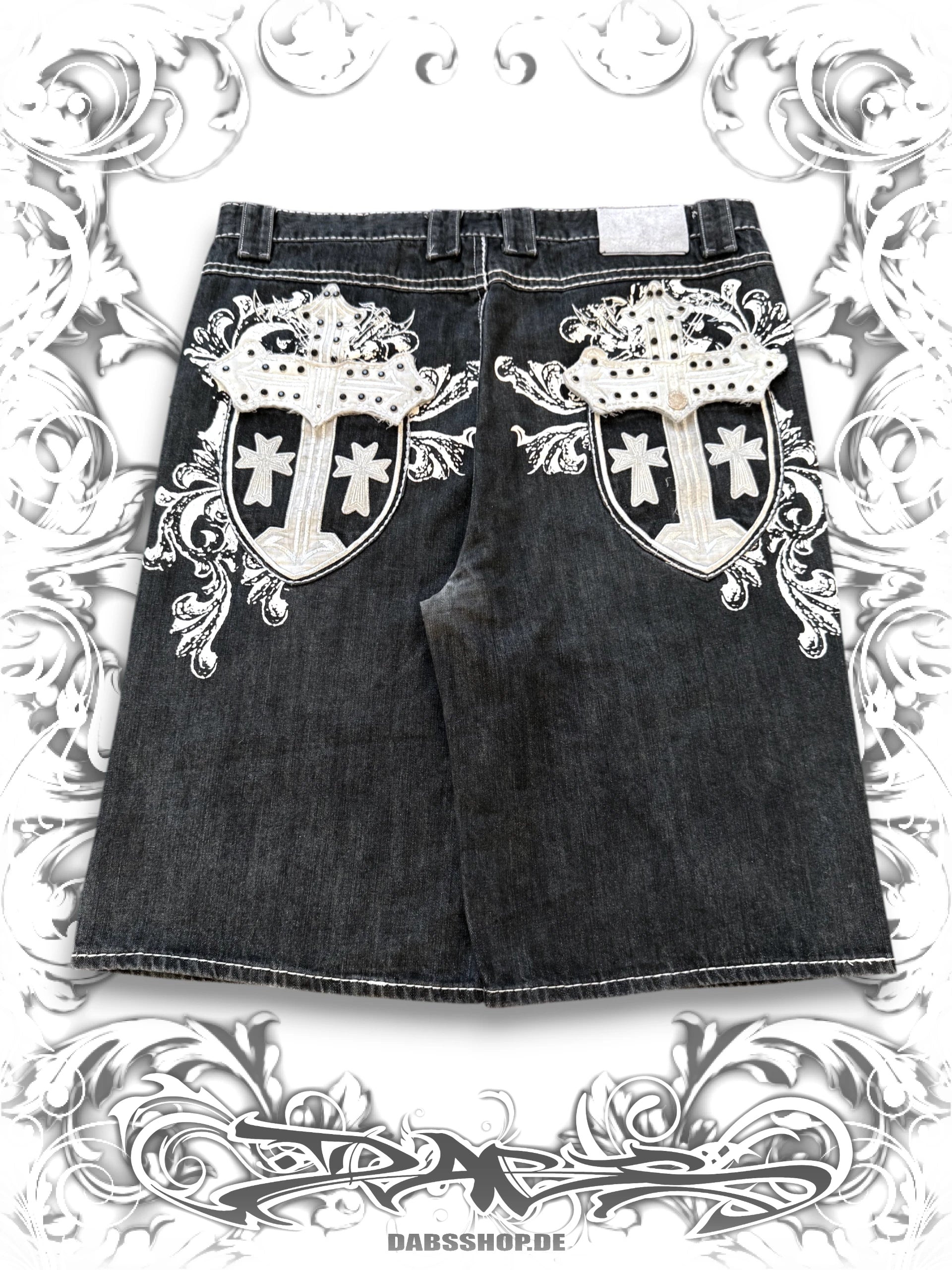 Imperious Embellished Grunge Cross Jorts with Rhinestones