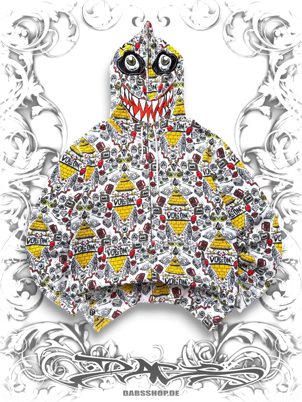 White Volcom Zip Hoodie with all over print and embroidered face on the hood worn by jesse pinkman in Breaking Bad S2E4