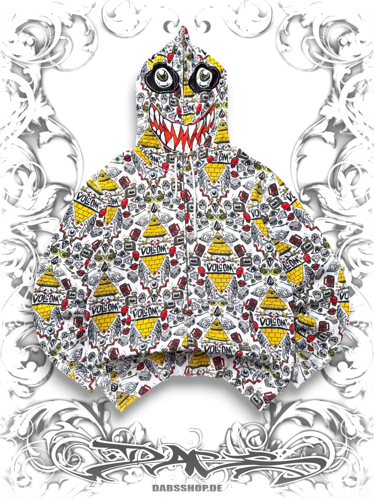 White Volcom Zip Hoodie with all over print and embroidered face on the hood worn by jesse pinkman in Breaking Bad S2E4