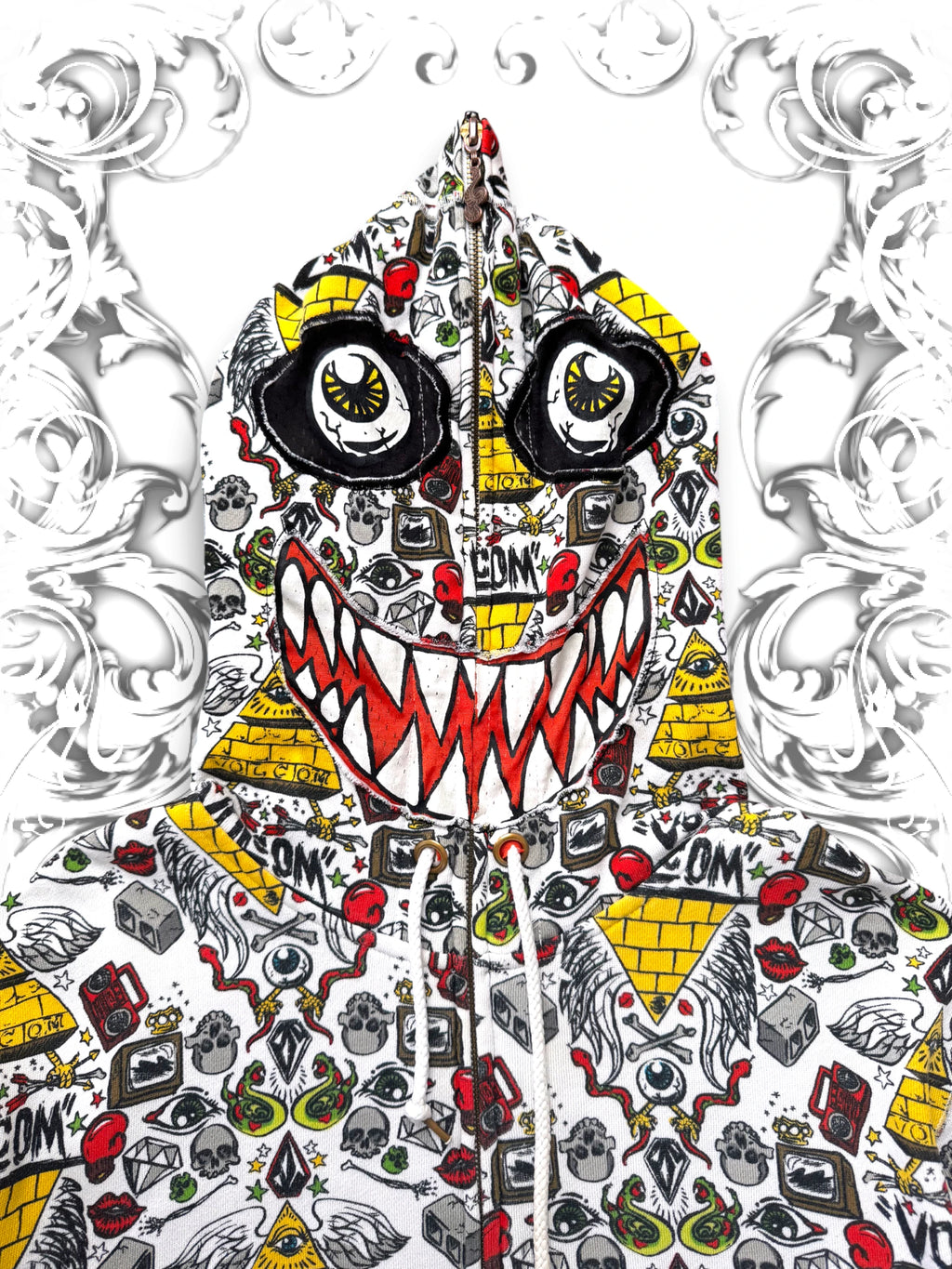 Volcom Zip Hoodie with closed zipper showing the embroidered face