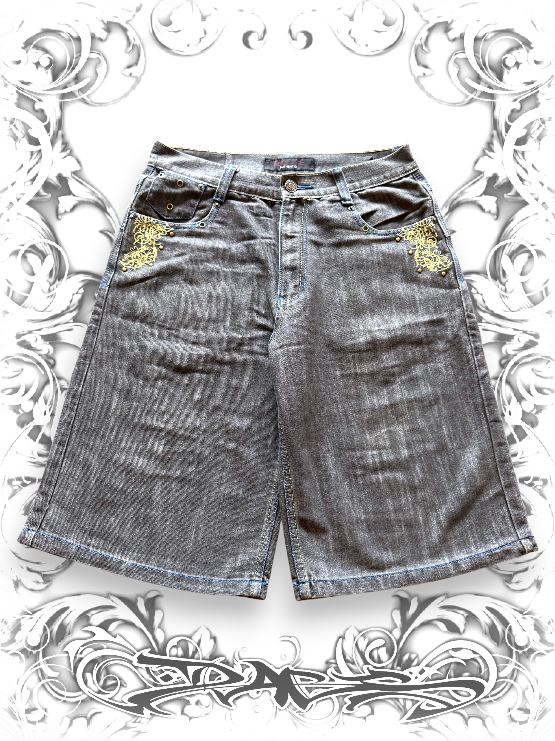 Red Ape Embroidered Jorts Embellished with Studs