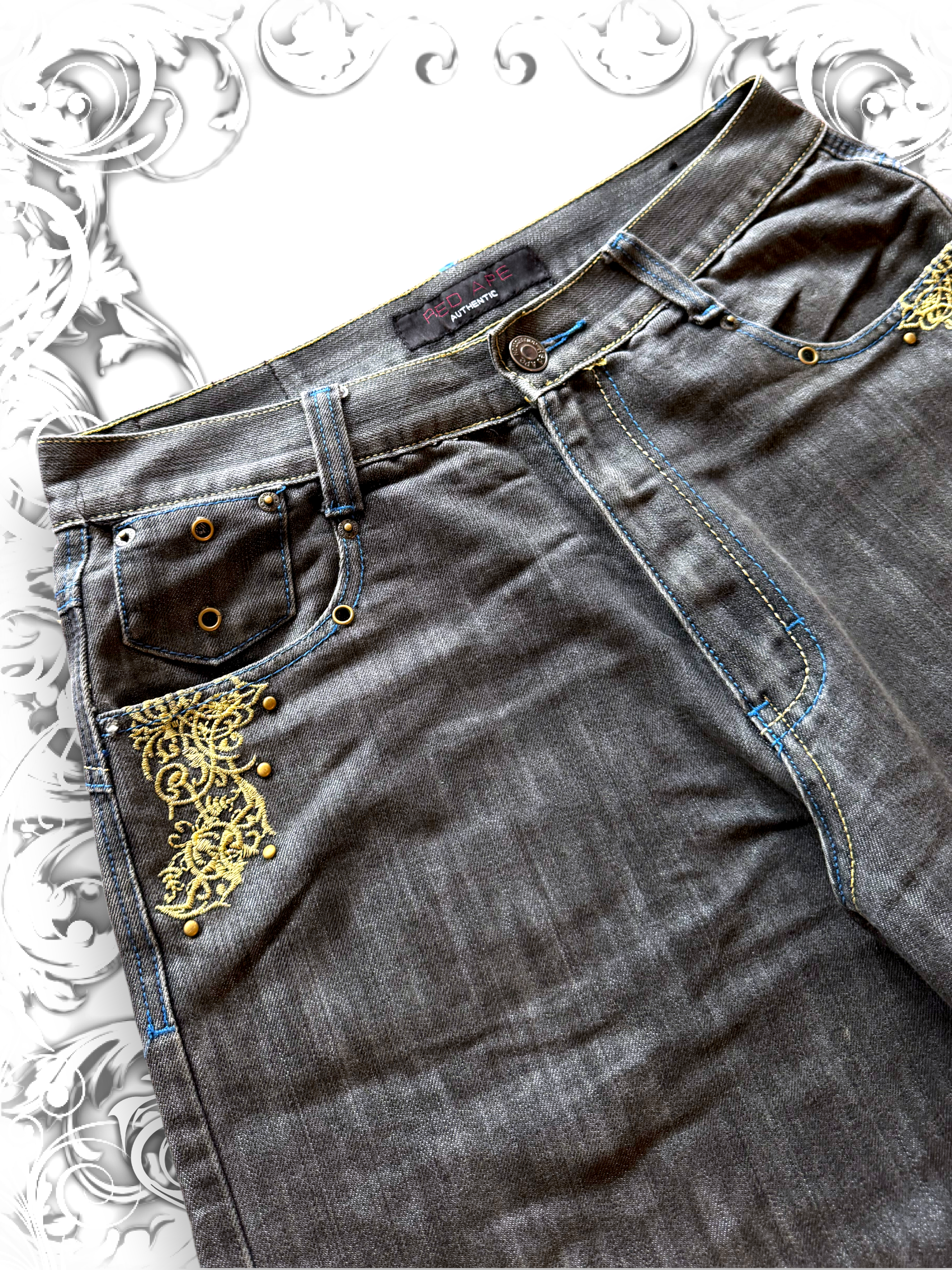 Red Ape Embroidered Jorts Embellished with Studs