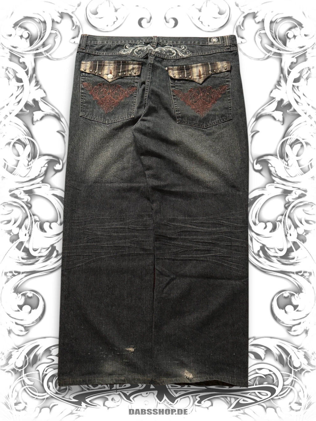 dark washed denim with baggy fit and brown embroidery on backpockets in vintage y2k style