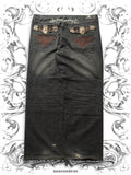 dark washed denim with baggy fit and brown embroidery on backpockets in vintage y2k style