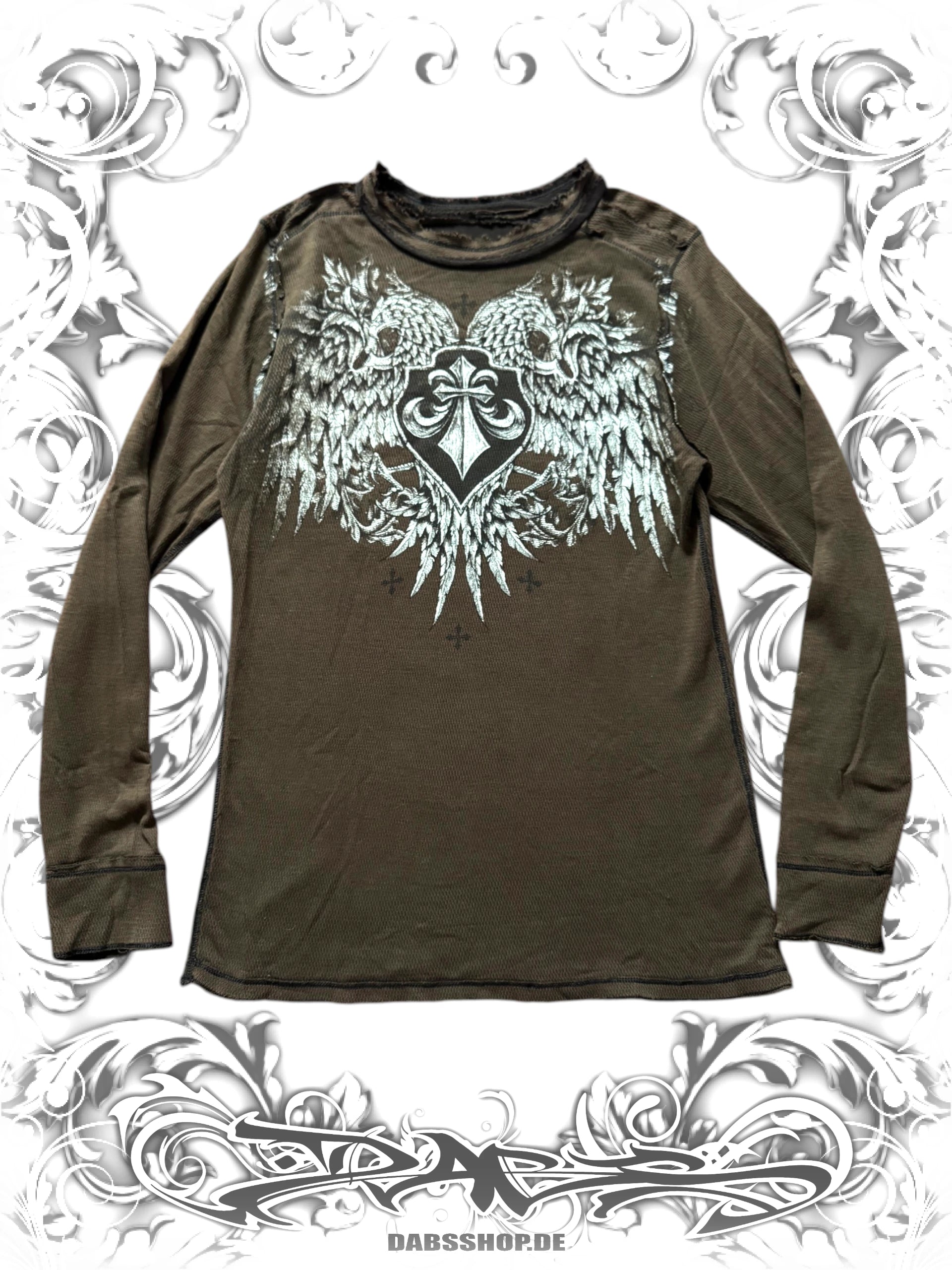 Brown Affliction Winged Eagle reversible longsleeve shirt with 2000s MMA graphic design and Y2K vintage streetwear style